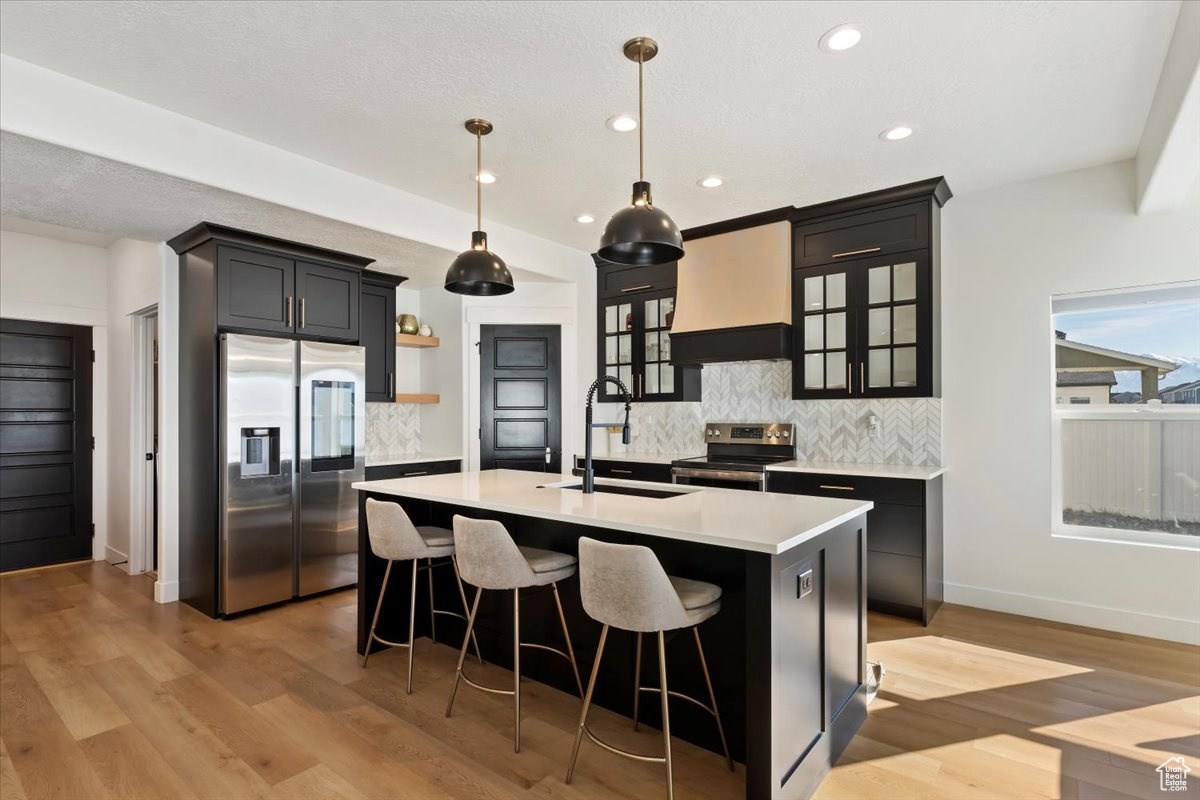 Kitchen with a sink, premium range hood, light countertops, stainless steel appliances, and open shelves