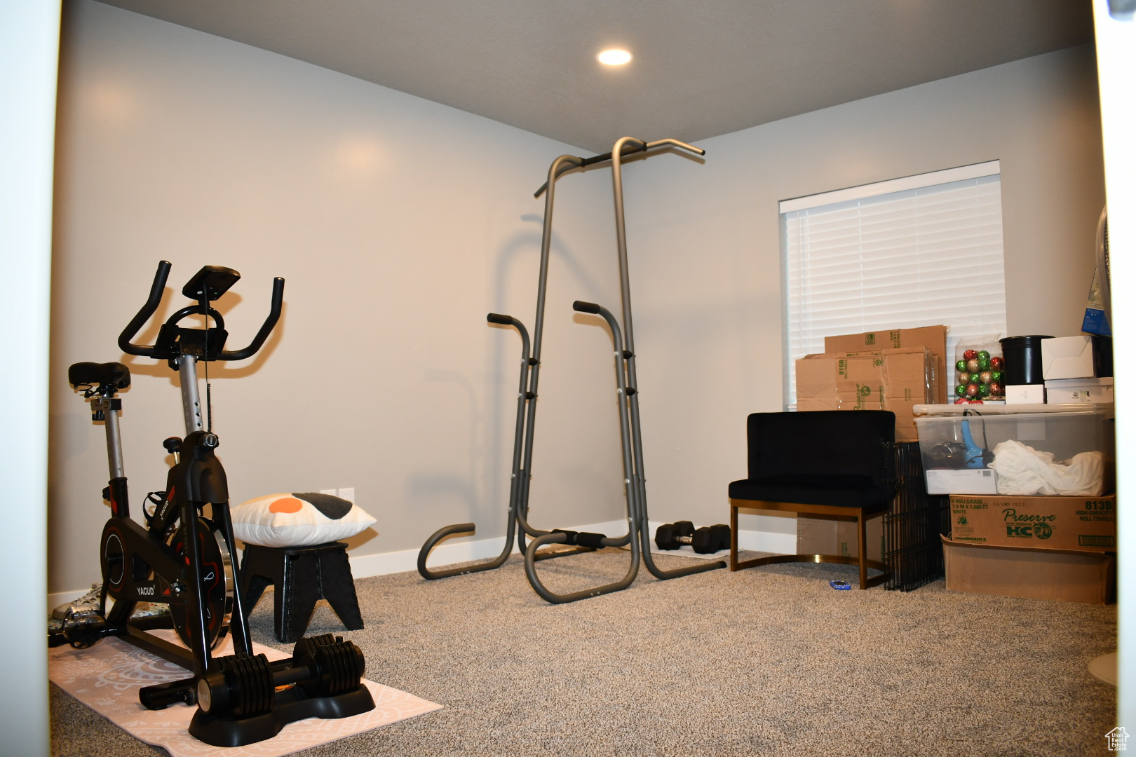 Exercise area with baseboards, carpet flooring, and recessed lighting