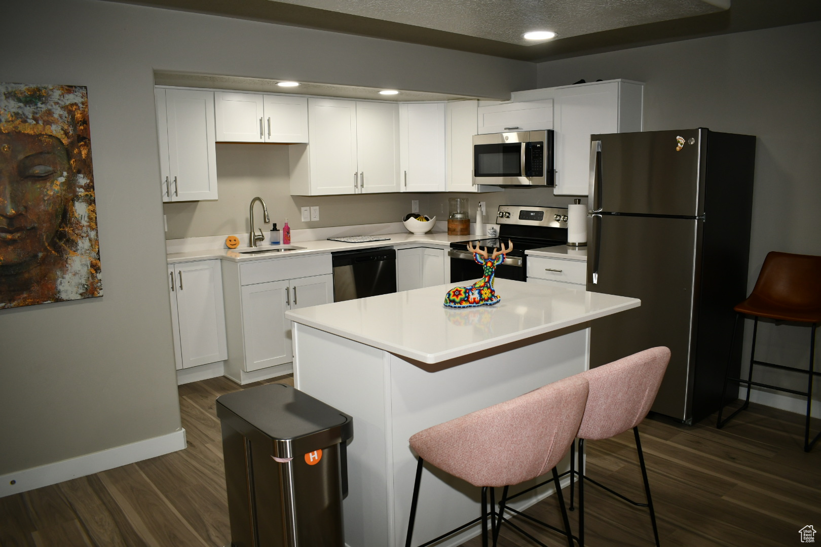 Kitchen with appliances with stainless steel finishes, dark wood-style flooring, a sink, and white cabinets
