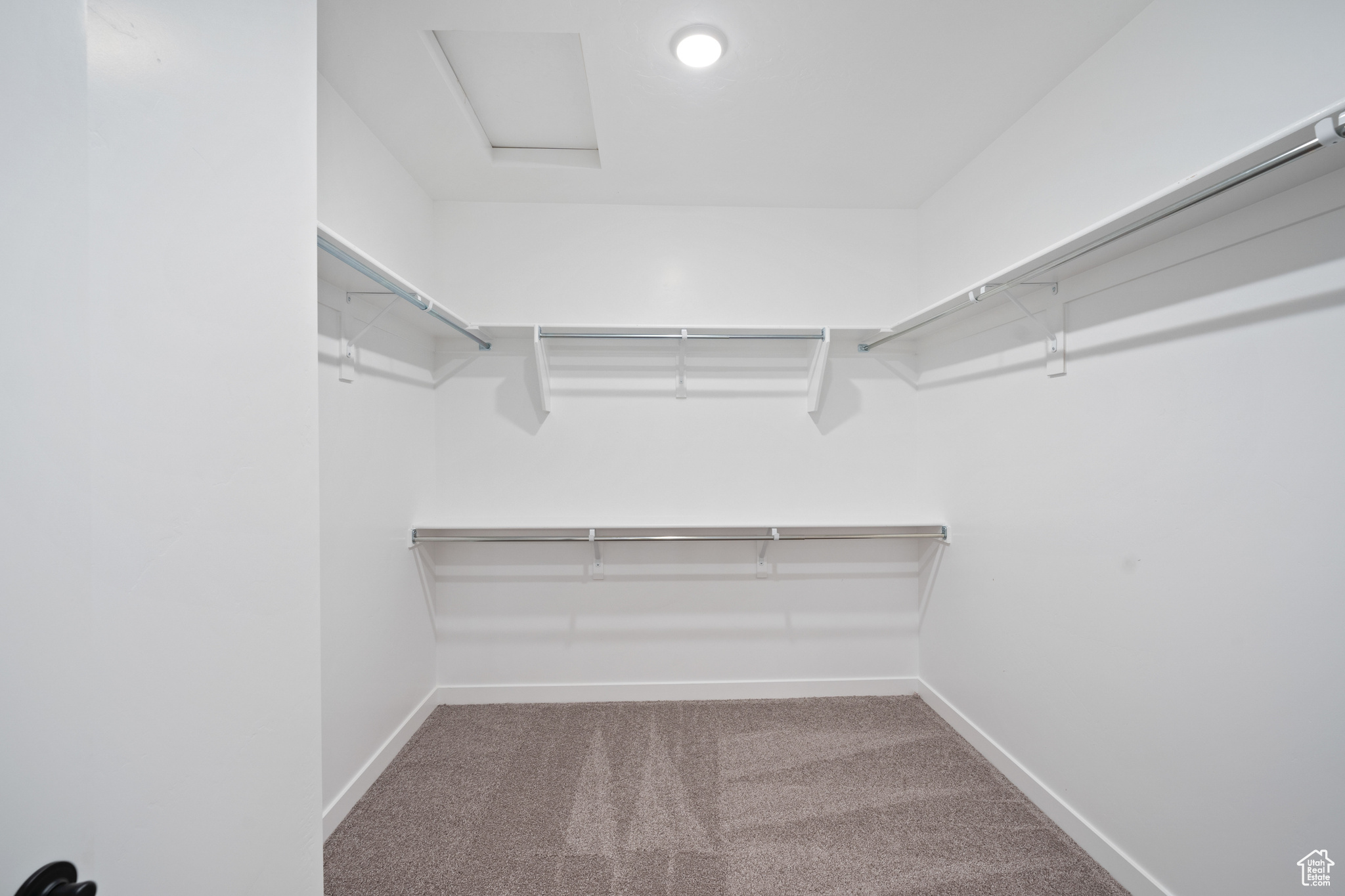 Spacious closet featuring attic access and carpet