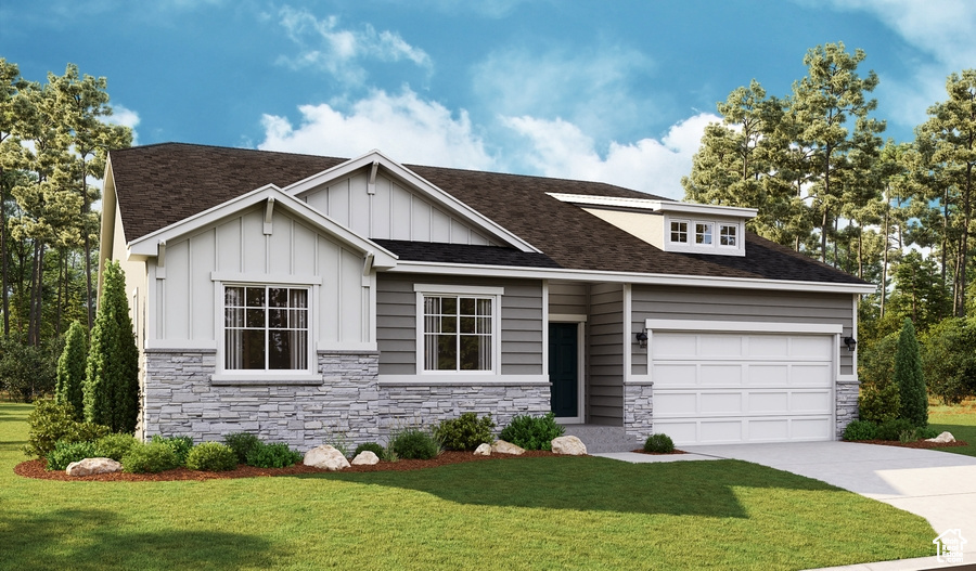 Craftsman house featuring driveway, stone siding, board and batten siding, an attached garage, and a front yard