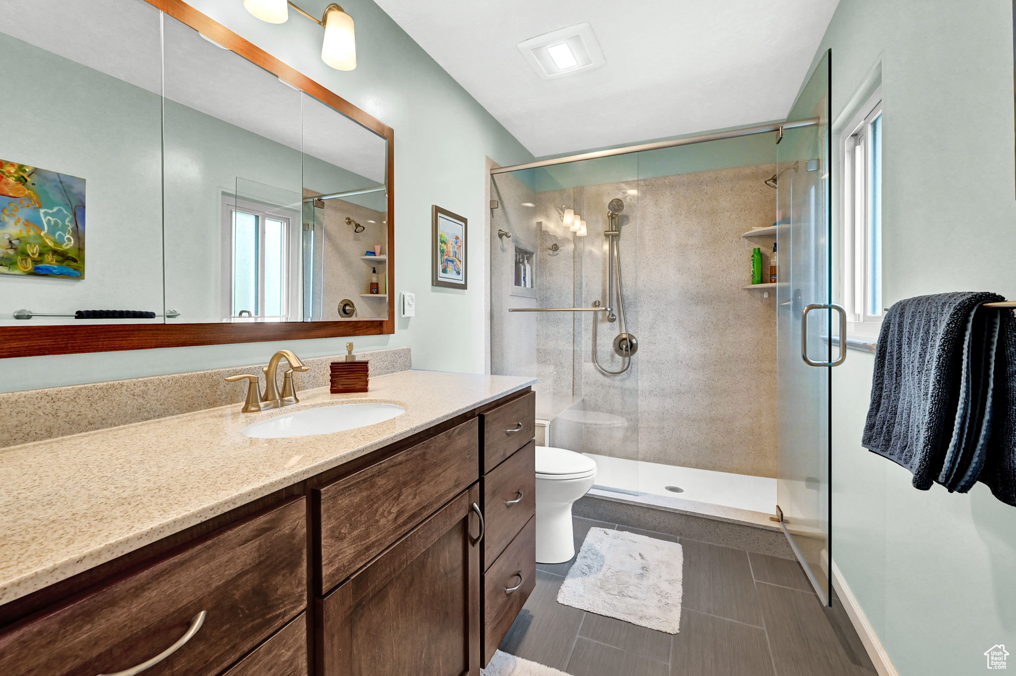 Bathroom featuring vanity, a shower stall, and toilet