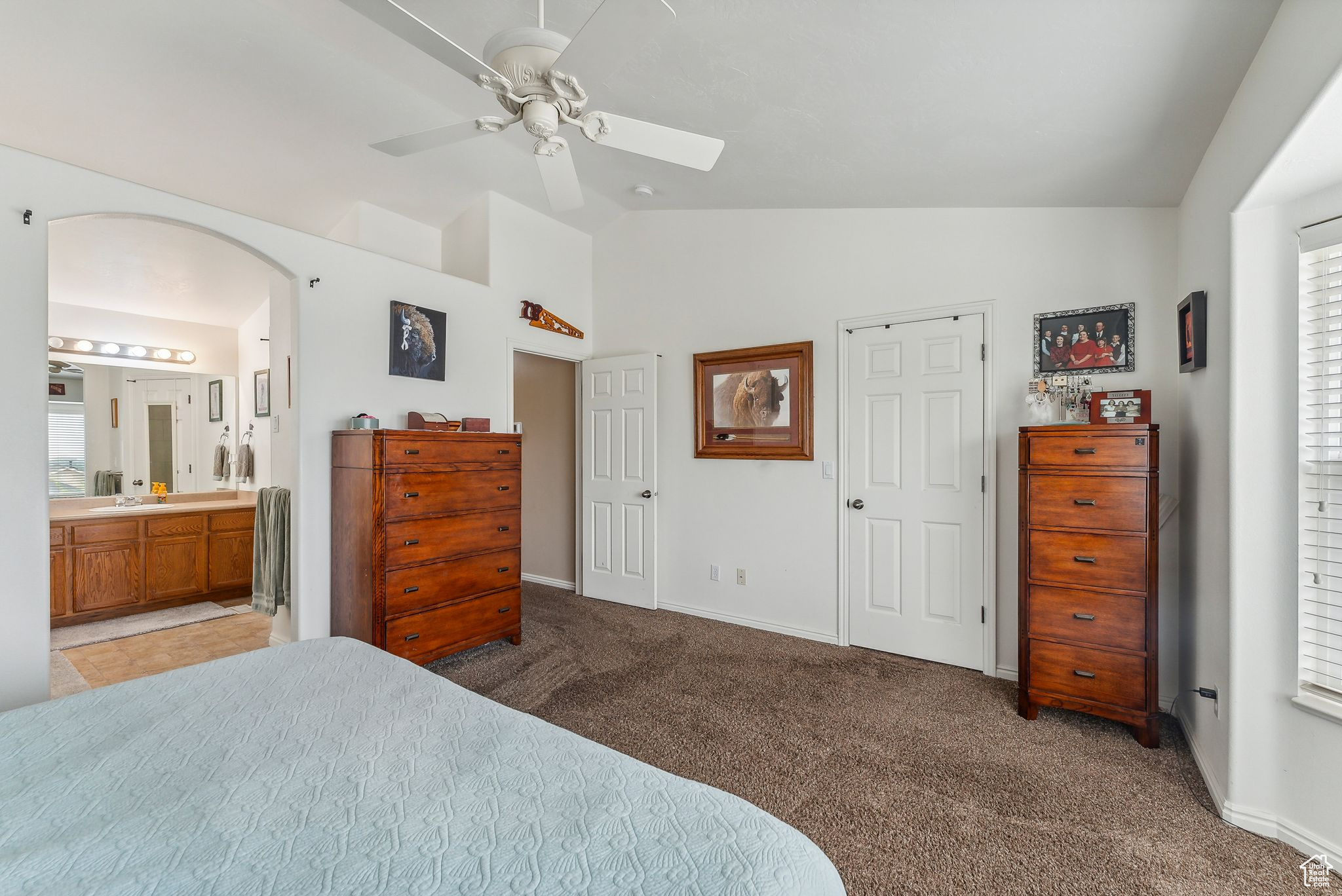 Bedroom featuring arched walkways, connected bathroom, light carpet, and vaulted ceiling