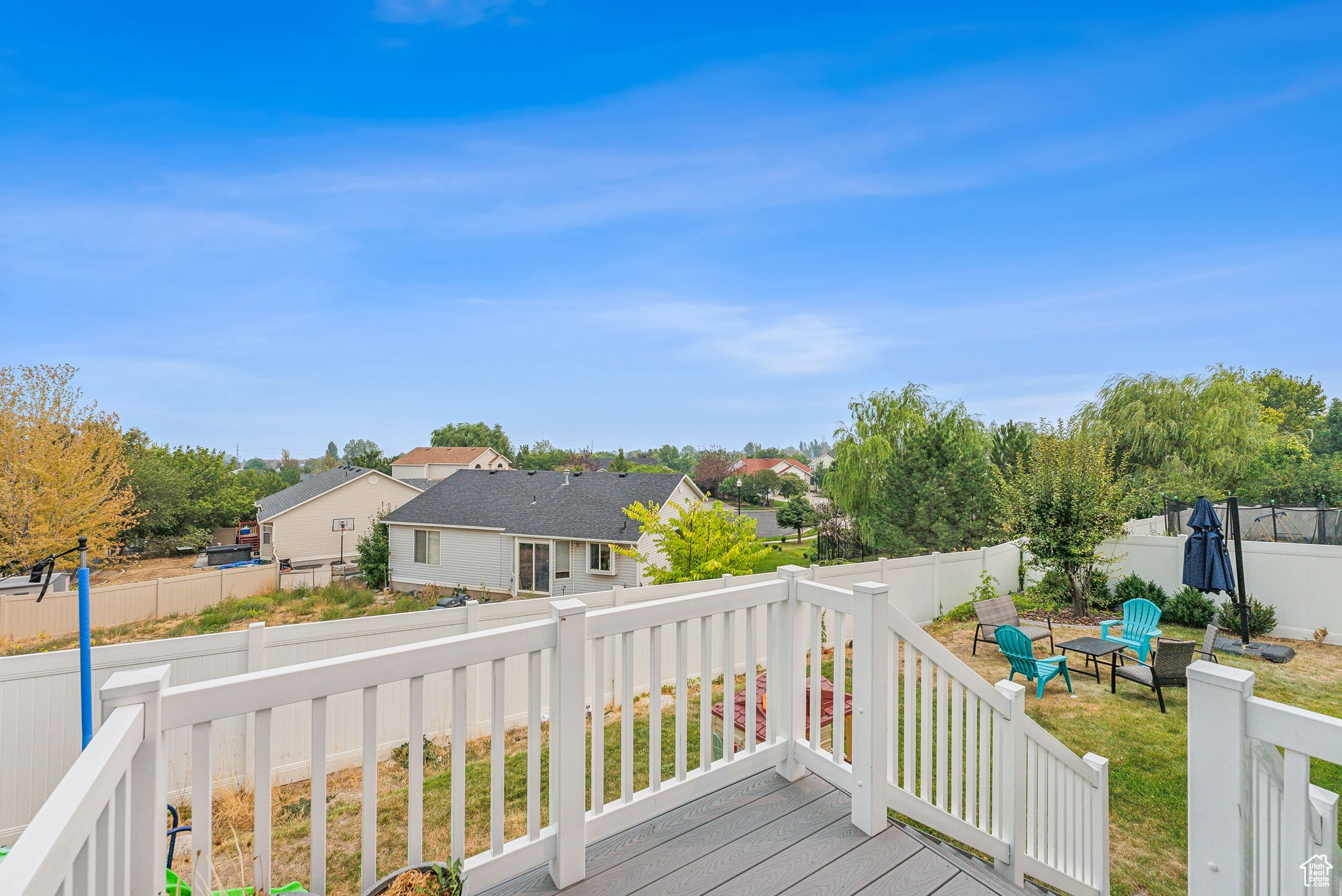 Wooden terrace featuring a residential view and a fenced backyard