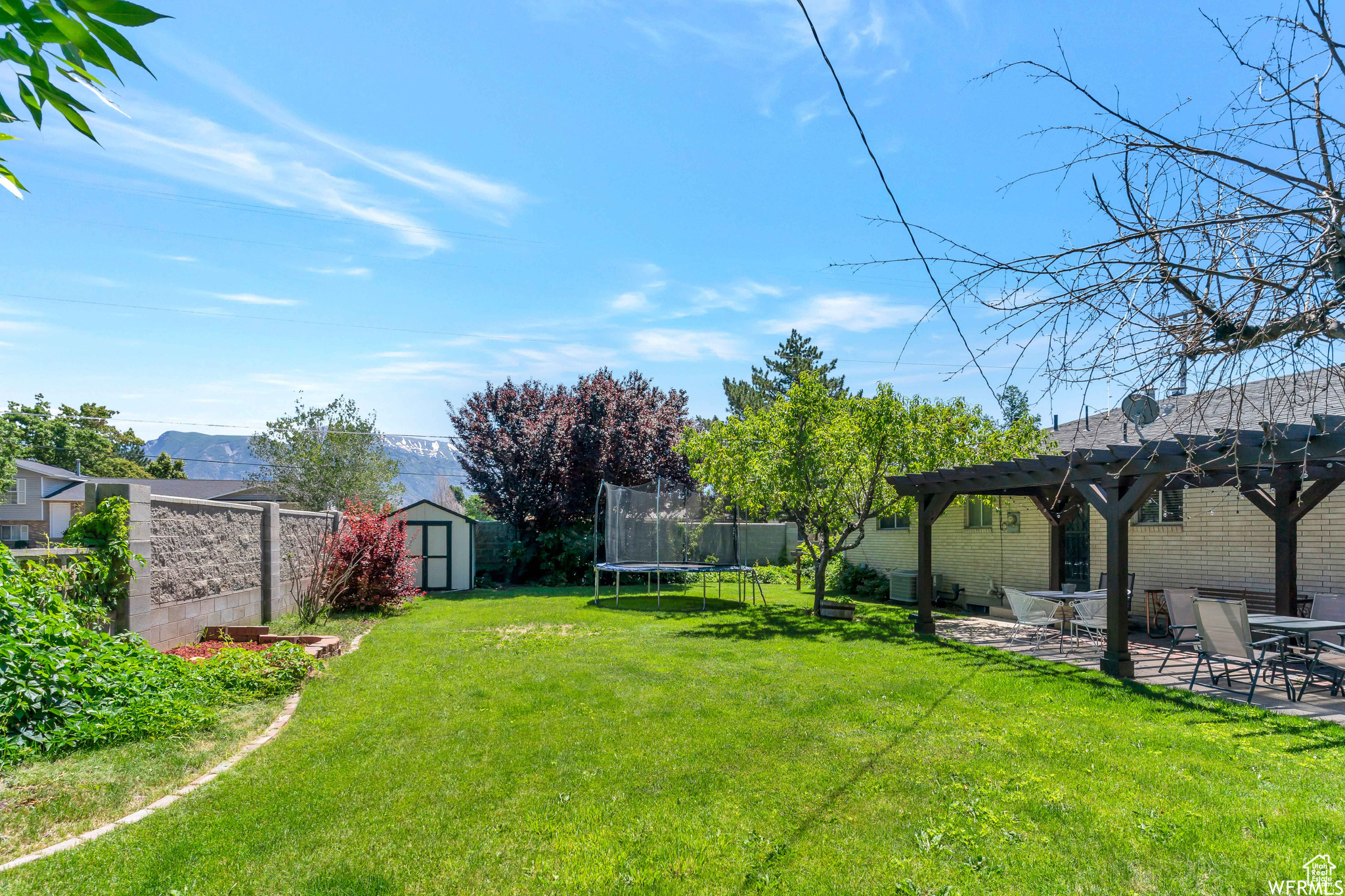 View of yard with a pergola, a patio, a trampoline, a storage shed, and an outdoor structure
