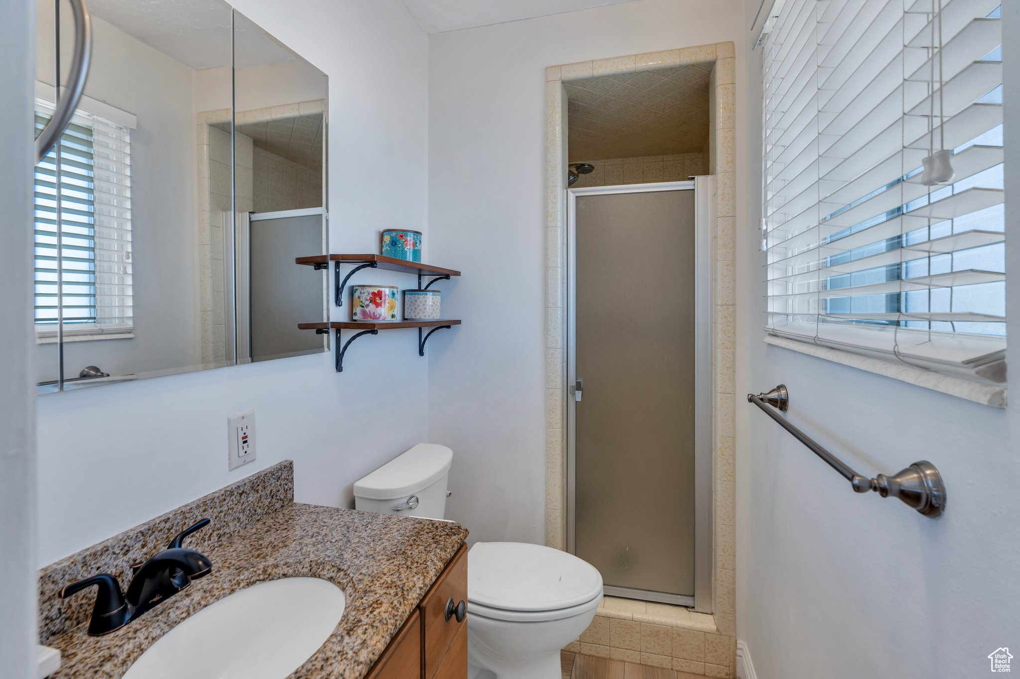 Full bathroom featuring vanity, toilet, and a shower stall