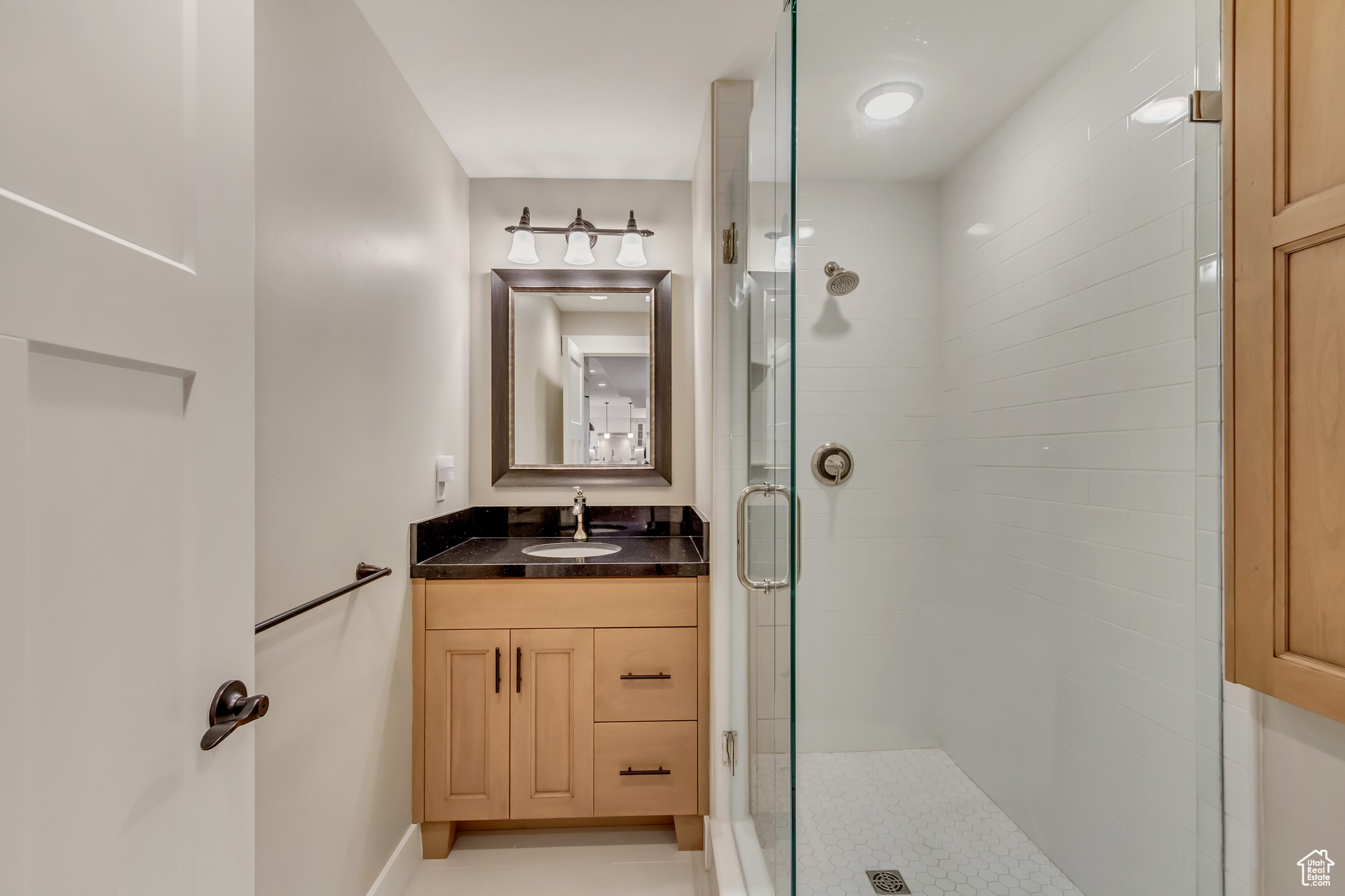 3/4 Bathroom in downstairs In-law suite featuring vanity and a shower stall