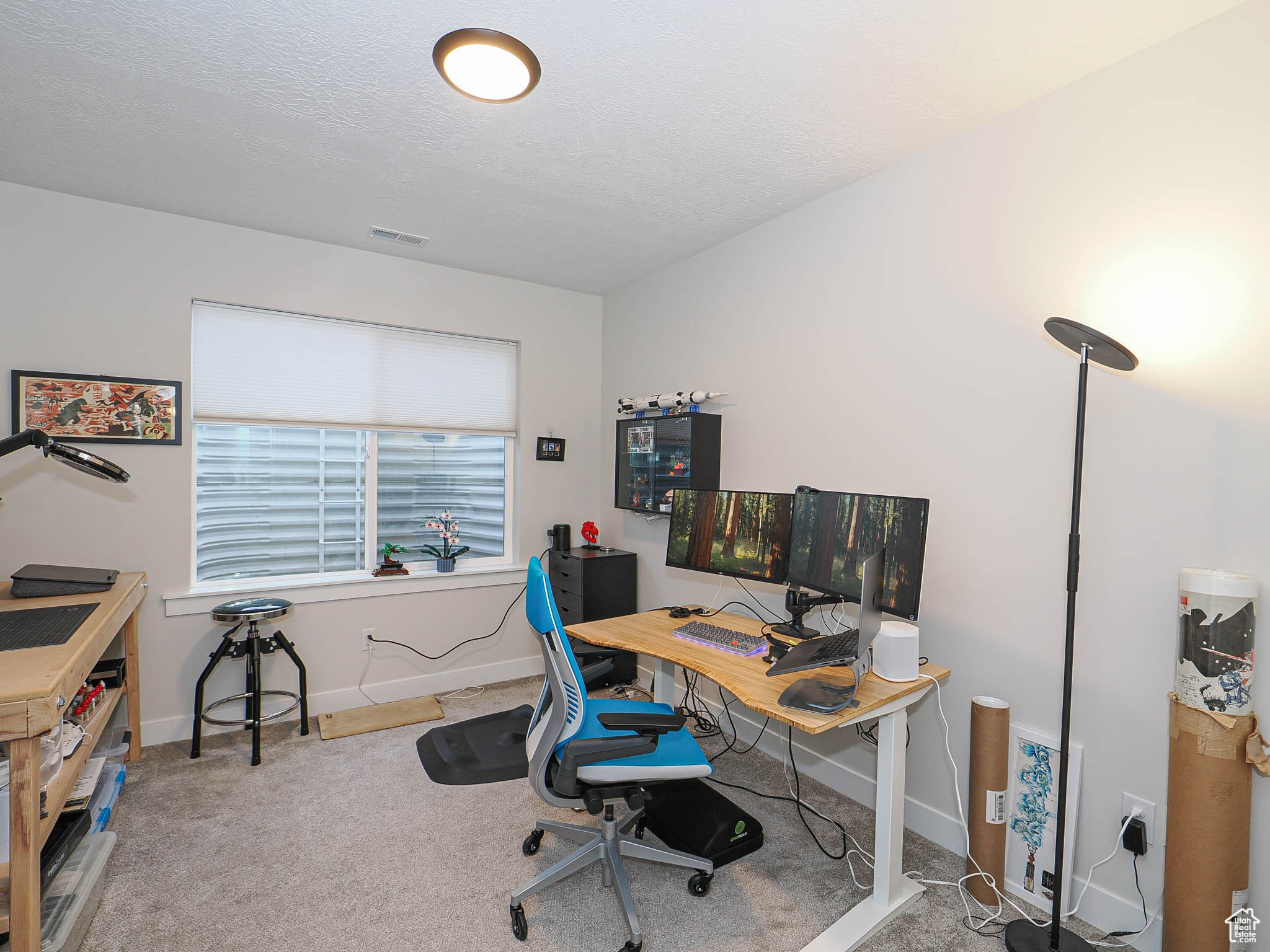 Carpeted office featuring baseboards, visible vents, and a textured ceiling