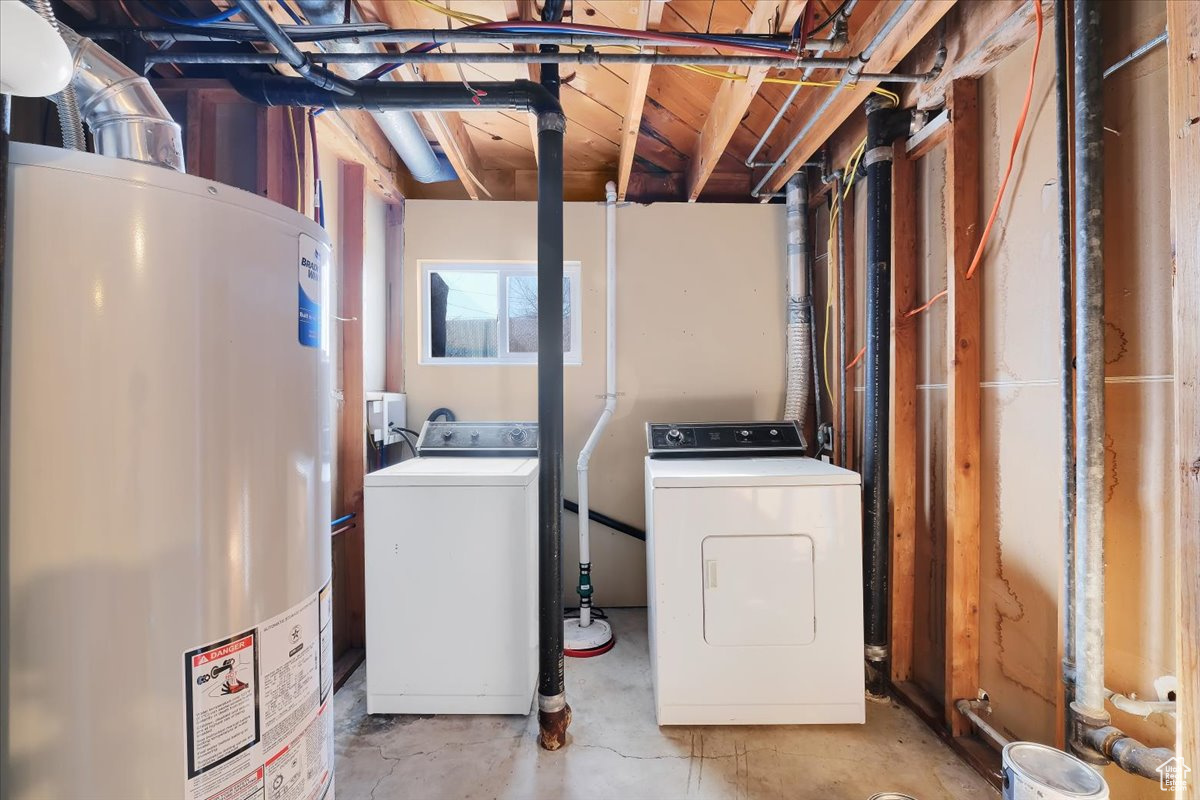 Washroom with washing machine and dryer, water heater, and laundry area