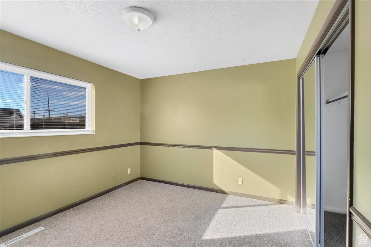 Interior space with carpet flooring, baseboards, a closet, and a textured ceiling