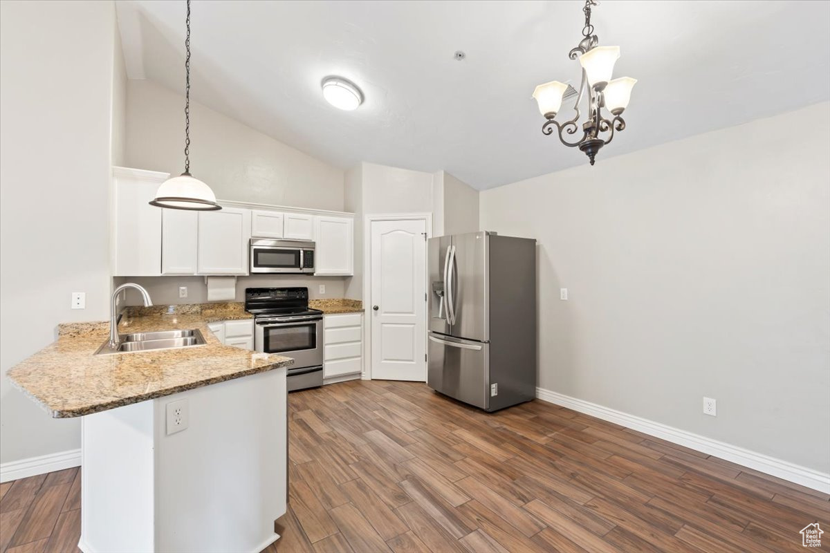 Kitchen featuring a peninsula, stainless steel appliances, dark wood-type flooring, and a sink