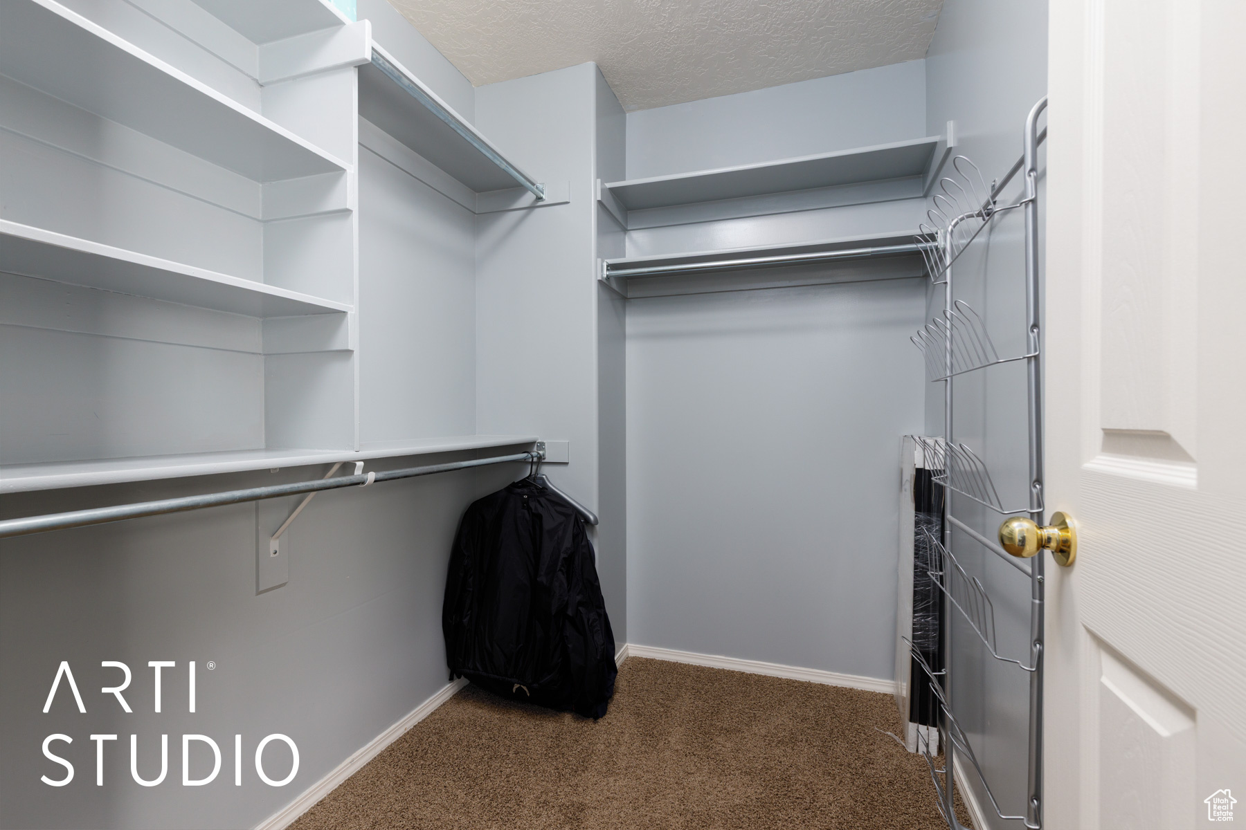 Walk in closet featuring dark carpet