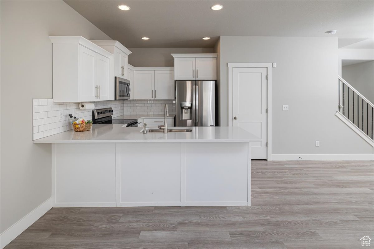 Kitchen with light countertops, a peninsula, light wood-style floors, and stainless steel appliances