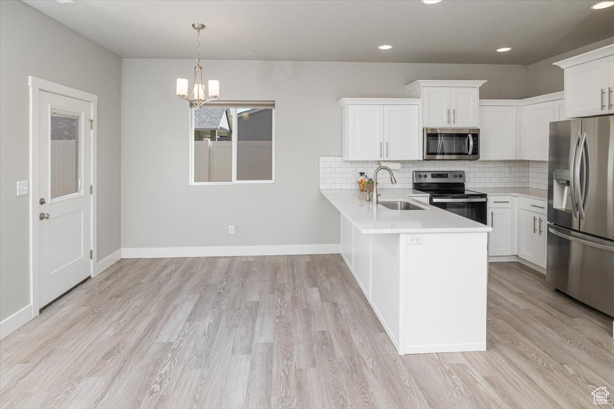 Kitchen with a peninsula, a sink, stainless steel appliances, light countertops, and tasteful backsplash