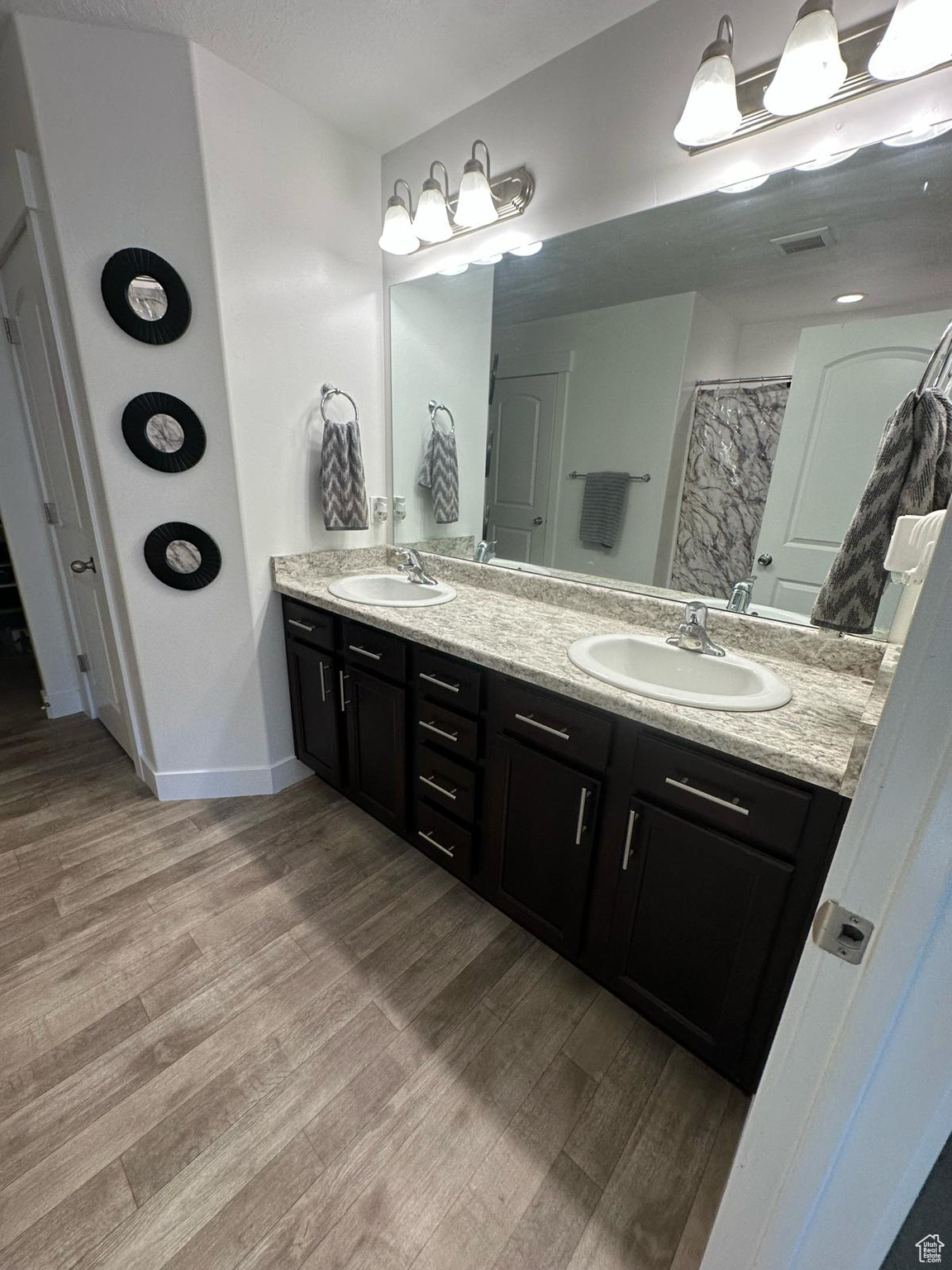 Bathroom with double vanity, wood finished floors, a sink, and visible vents