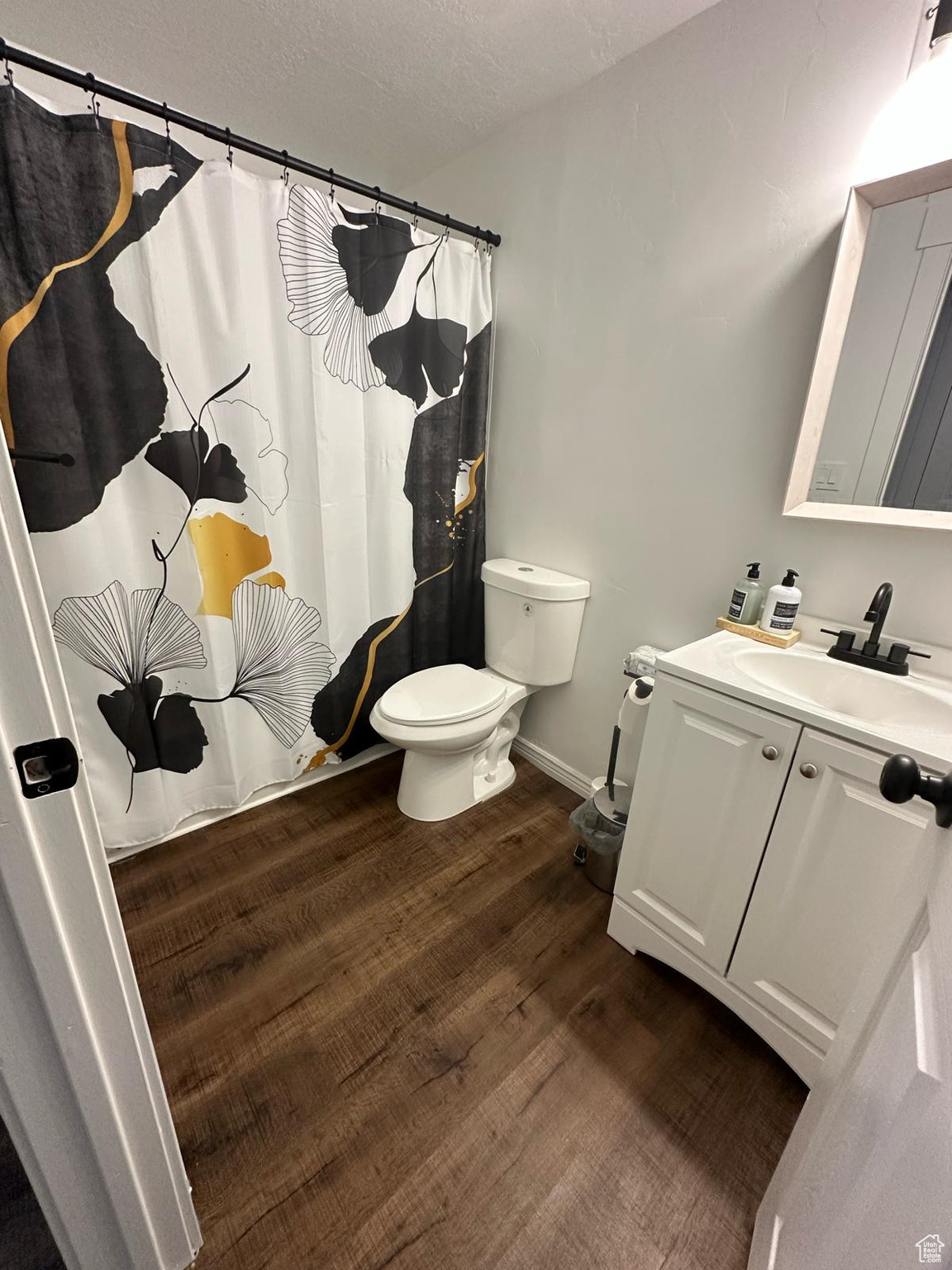 Full bathroom with baseboards, a shower with shower curtain, toilet, wood finished floors, and vanity