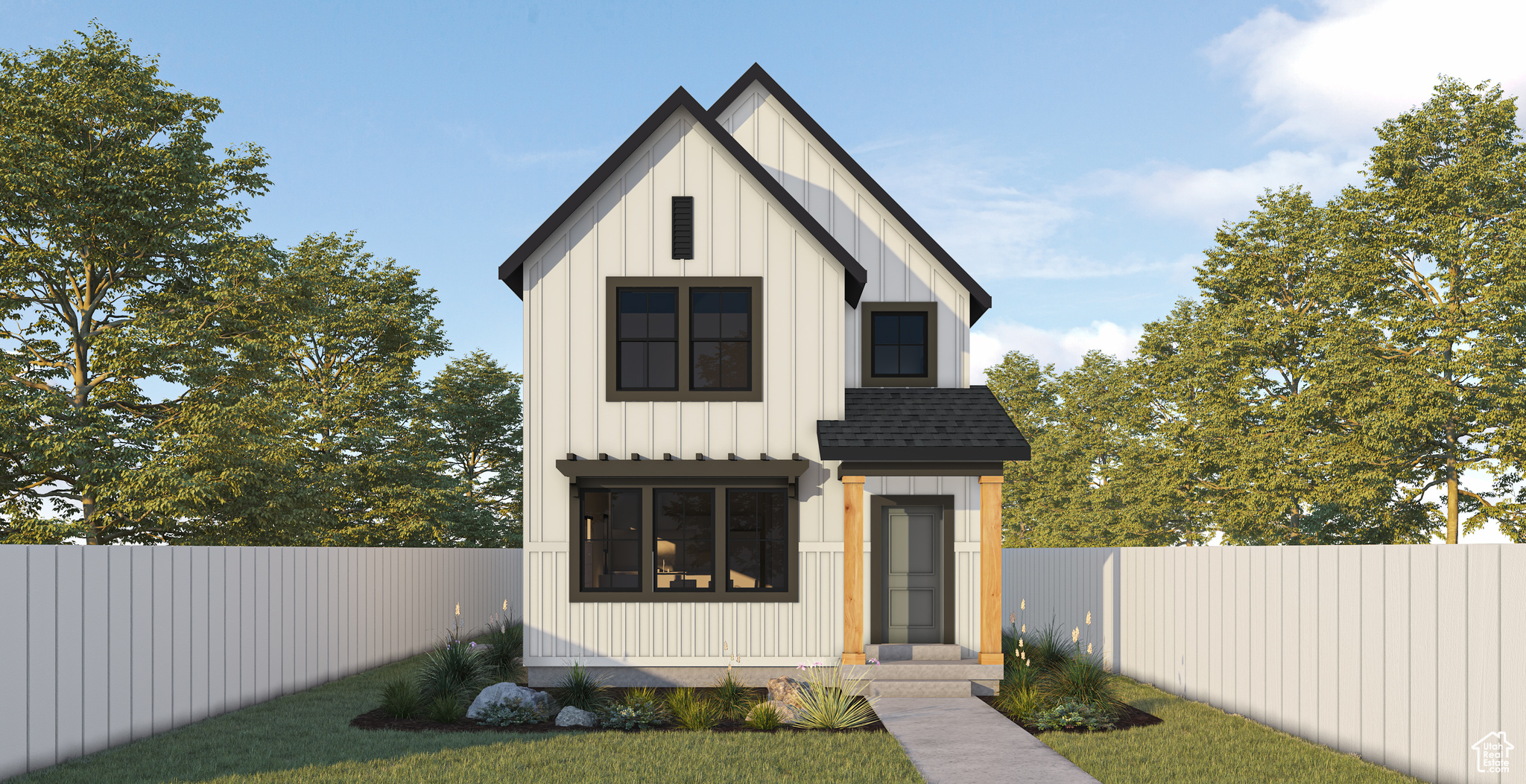 Modern inspired farmhouse with board and batten siding, a shingled roof, and a fenced backyard