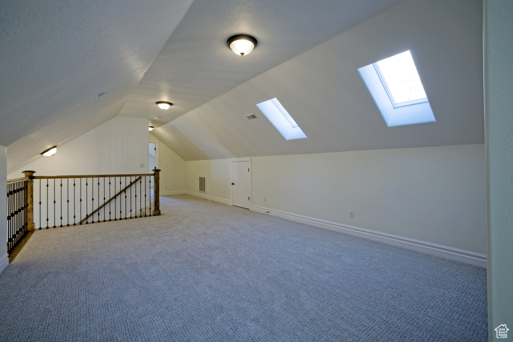 Bonus room featuring lofted ceiling with skylight, and brand new carpet floors