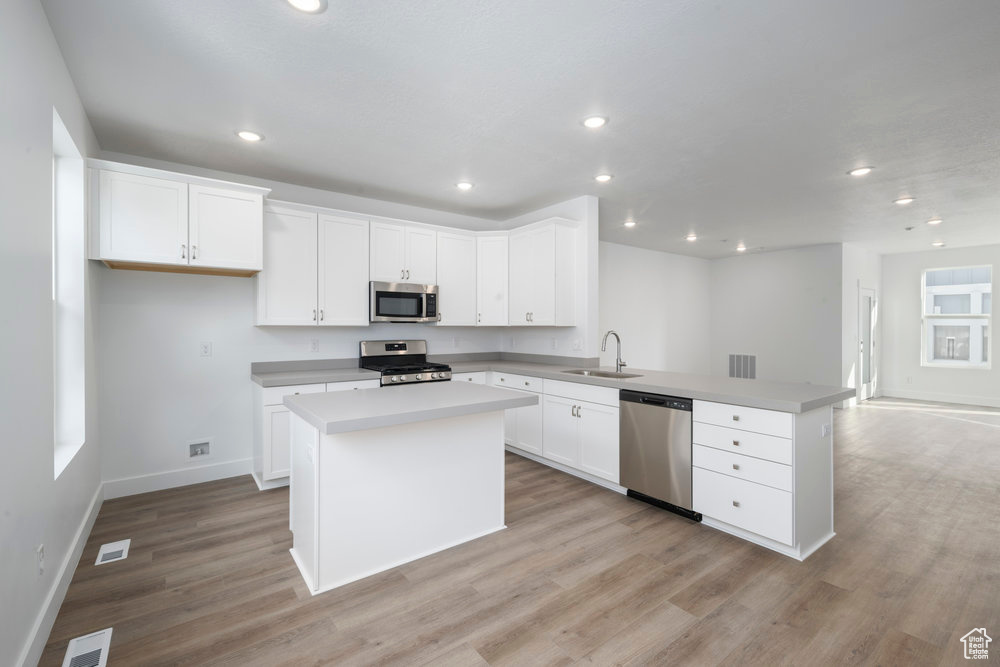 Kitchen featuring recessed lighting, appliances with stainless steel finishes, a peninsula, light wood-style floors, and a sink