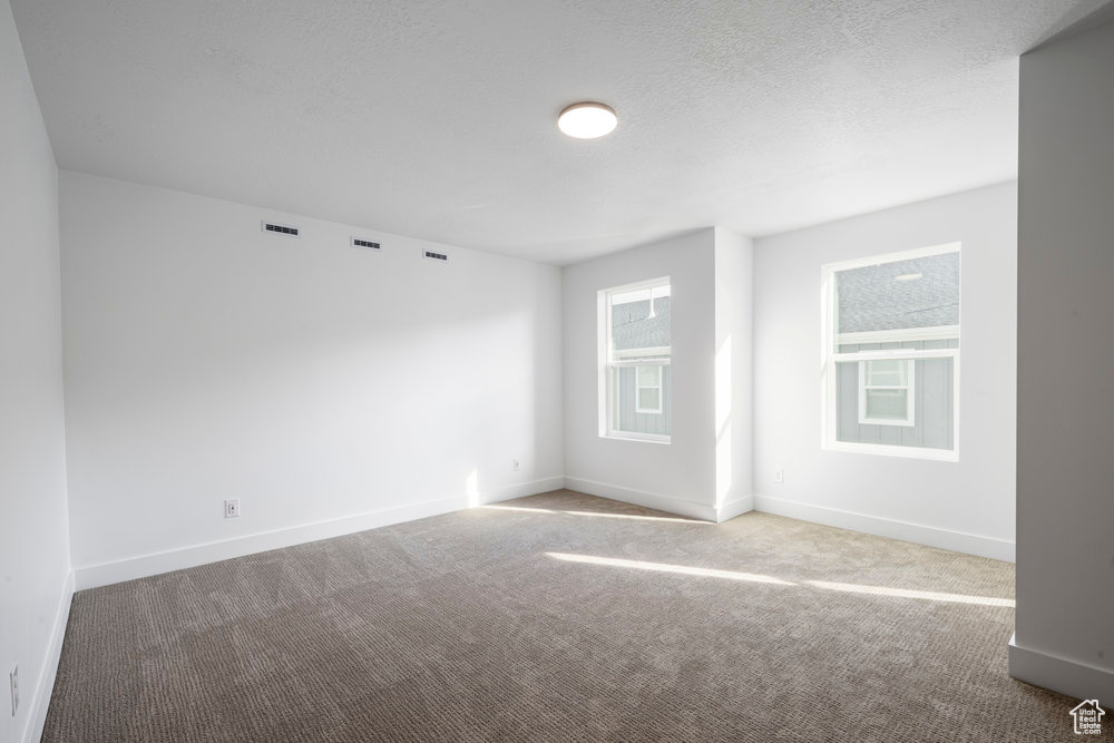 Spare room with visible vents, baseboards, a textured ceiling, and carpet floors