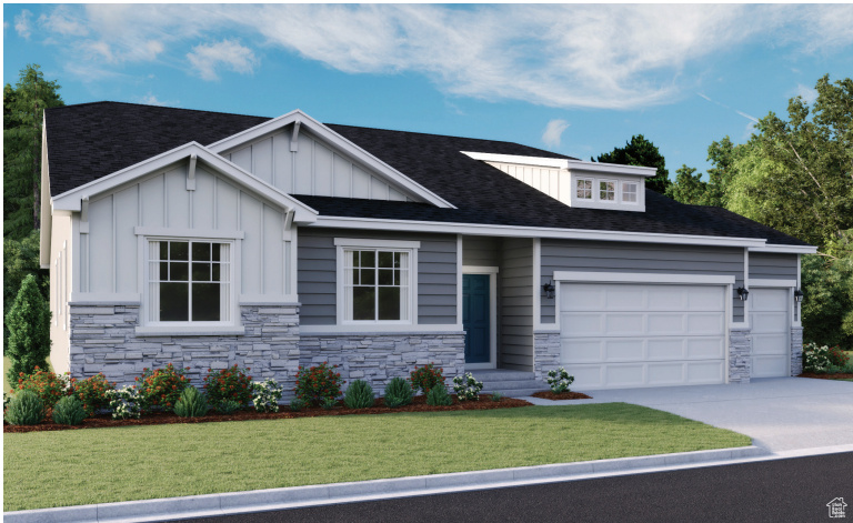 View of front facade featuring a front lawn, board and batten siding, concrete driveway, and an attached garage