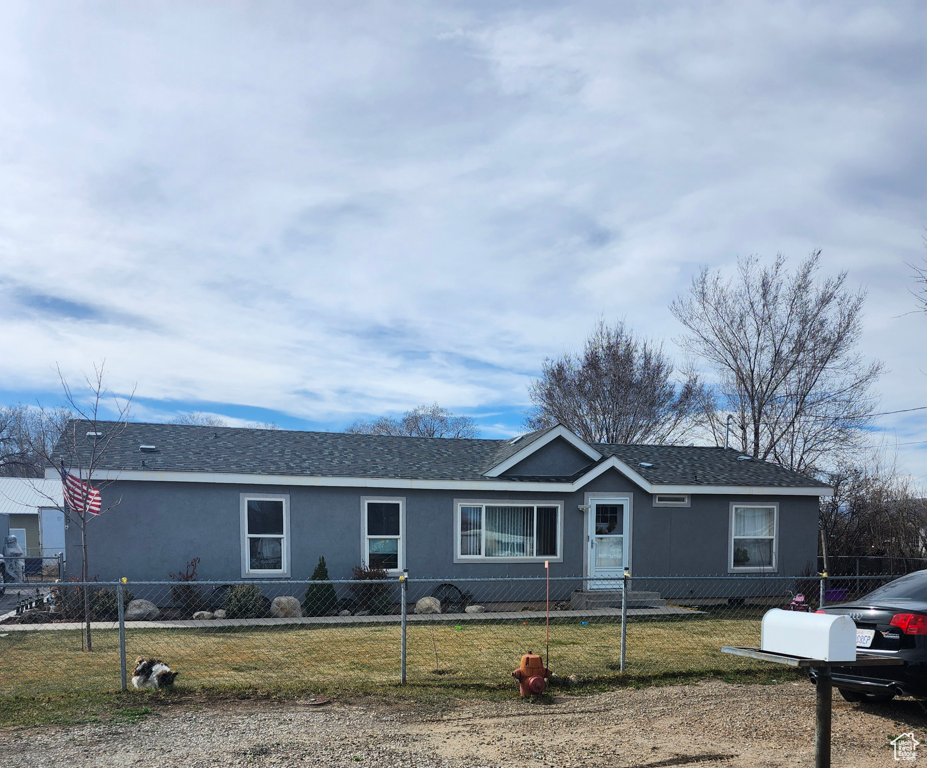 Single story home with a front yard, roof with shingles, a fenced front yard, and stucco siding