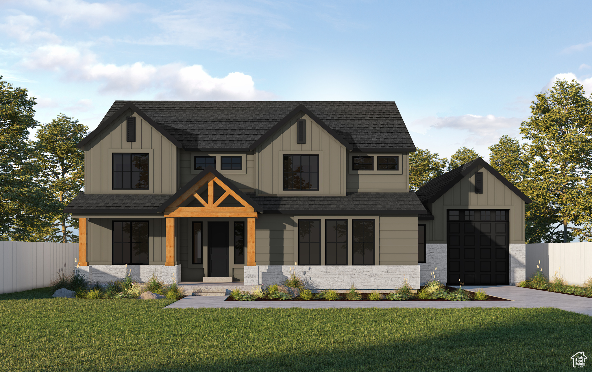 Modern farmhouse style home with board and batten siding, a shingled roof, a front yard, and fence