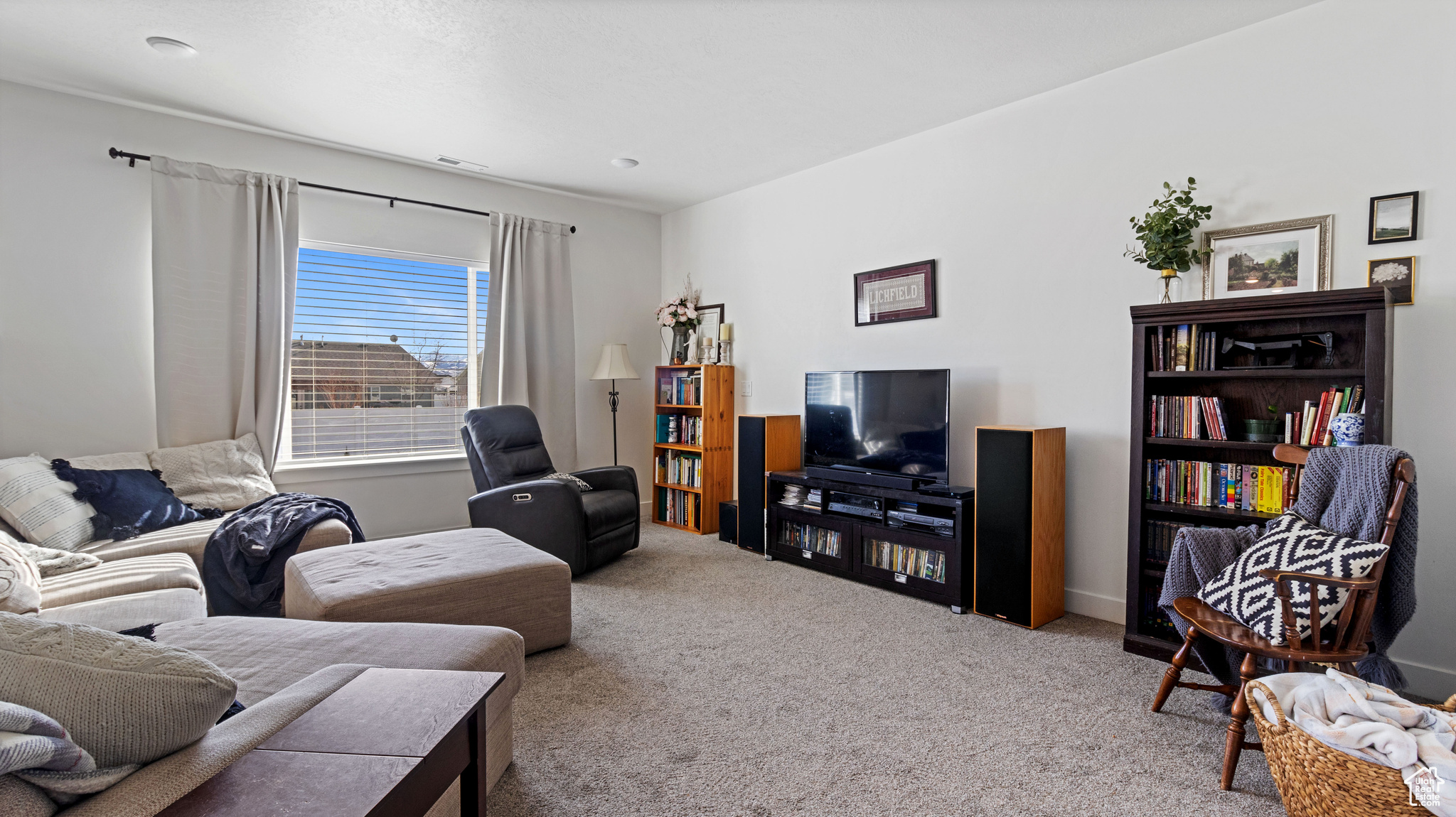 Living room with carpet floors