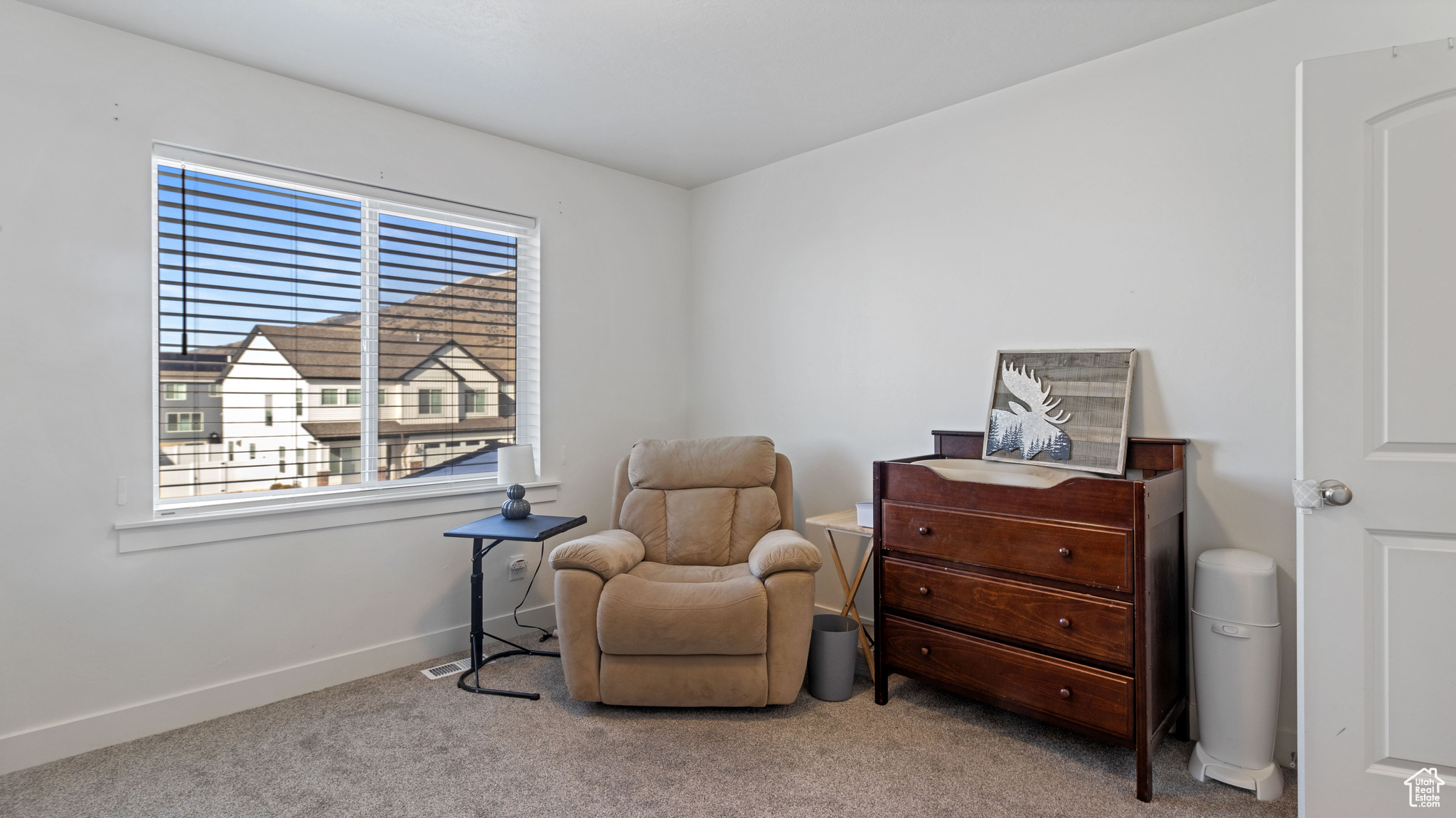 Living area featuring baseboards and carpet floors