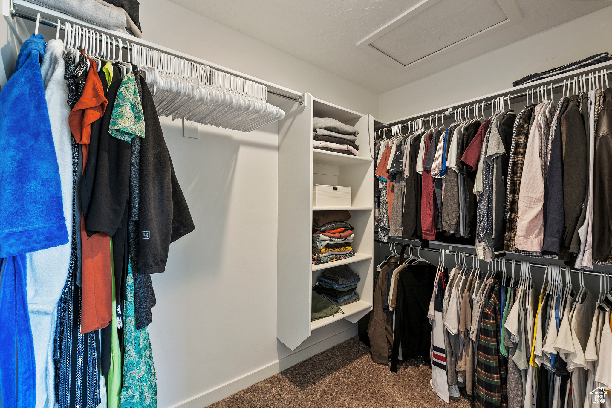 Spacious closet featuring attic access and carpet