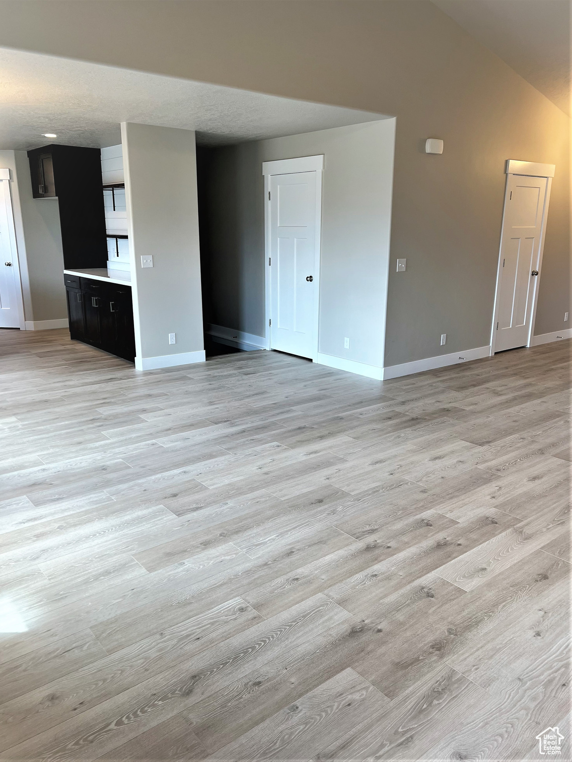 Unfurnished living room featuring vaulted ceiling, baseboards, and light wood finished floors