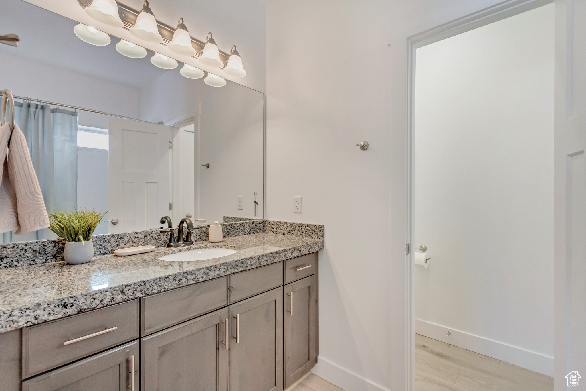 Bathroom with vanity, baseboards, and wood finished floors
