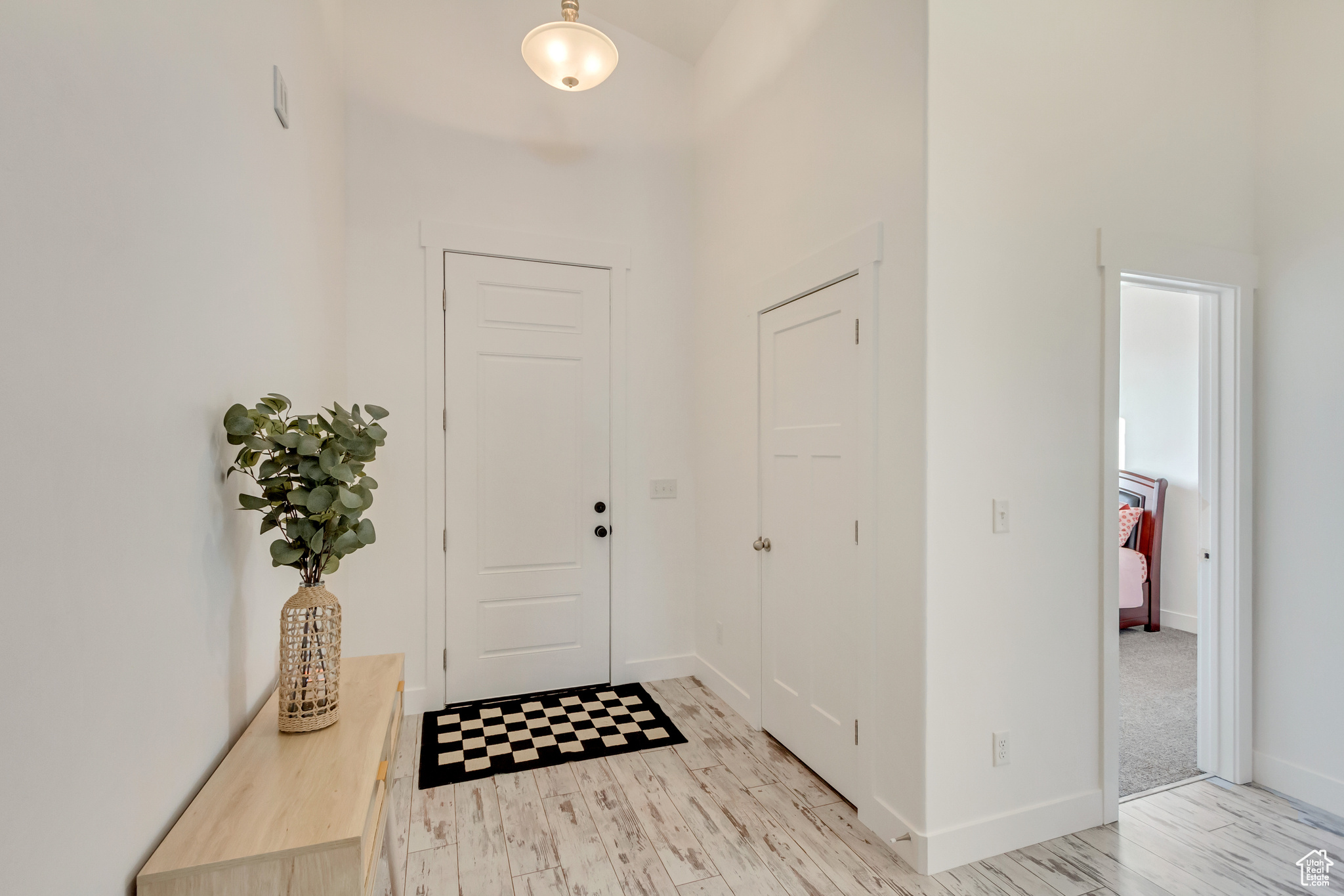 Foyer featuring baseboards, wood finished floors, and a towering ceiling