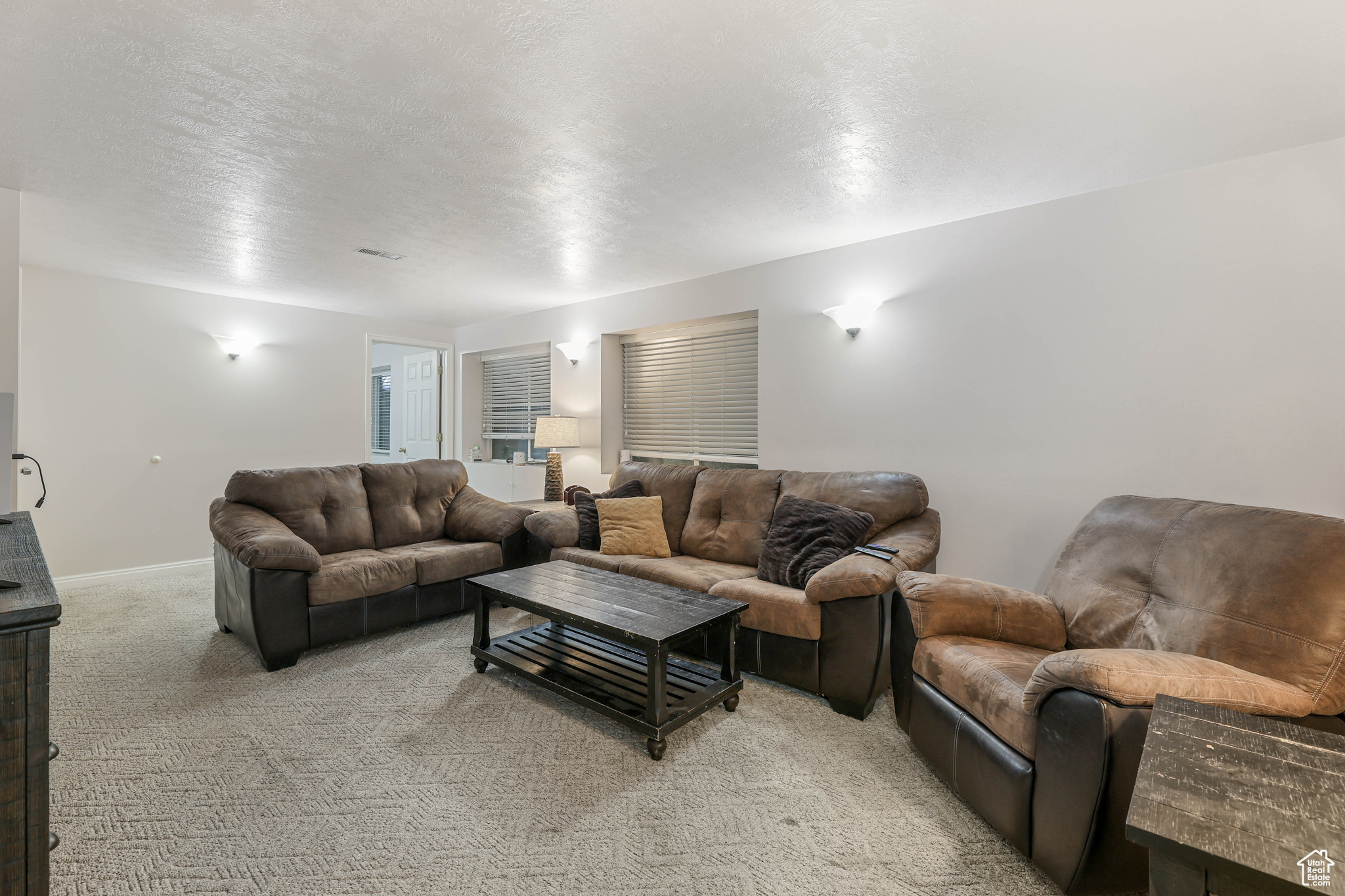 Living room featuring baseboards, light carpet, and a textured ceiling