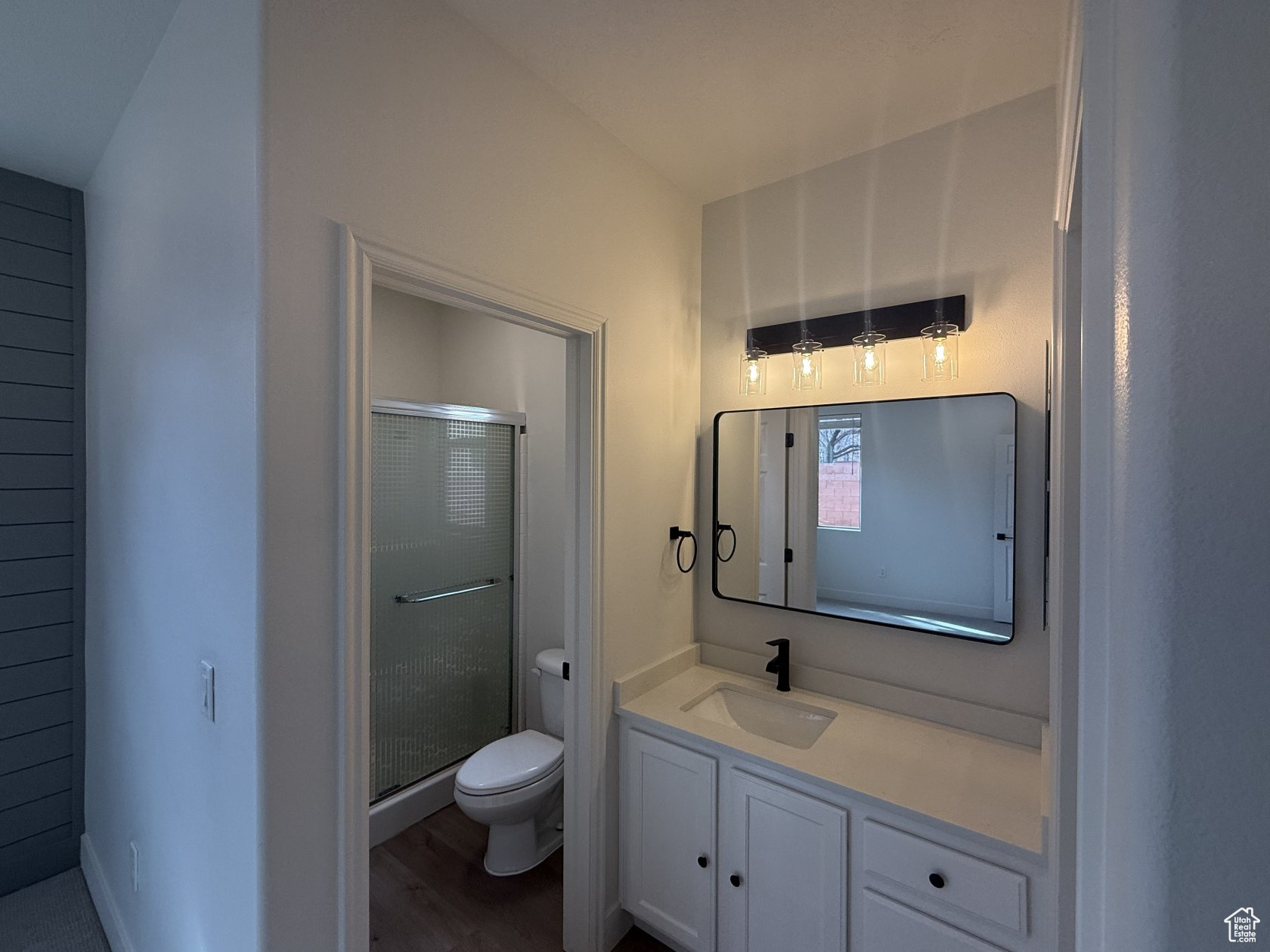 Bathroom featuring vanity, toilet, wood finished floors, and a stall shower