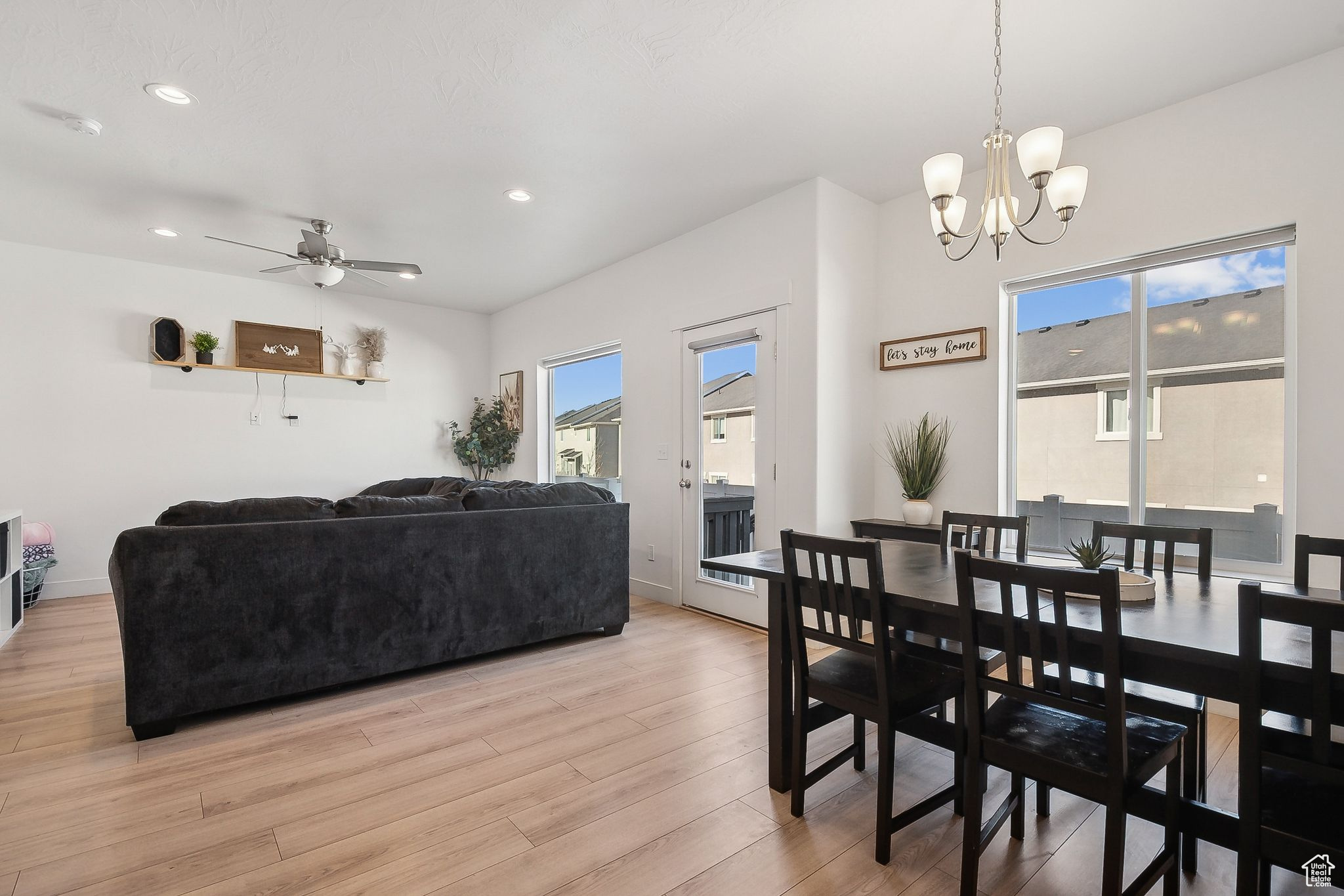 Dining room featuring recessed lighting, light wood-style flooring, and baseboards