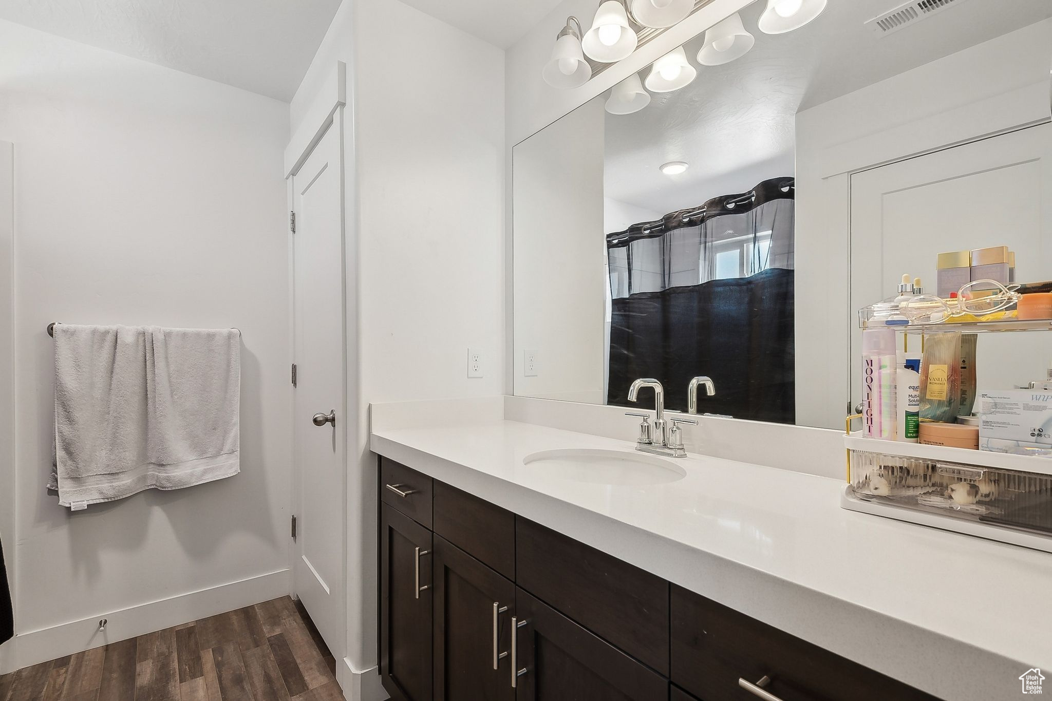 Bathroom with baseboards, visible vents, wood finished floors, and vanity