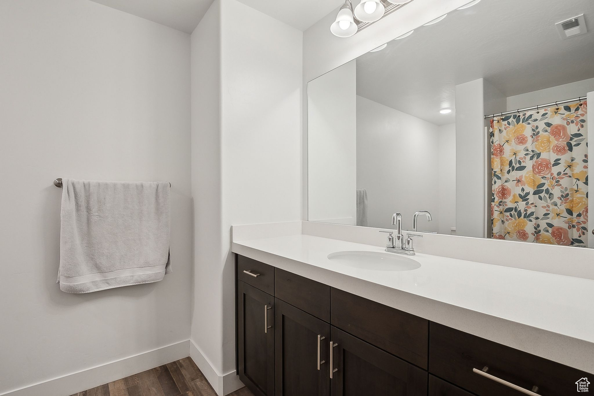 Bathroom featuring visible vents, vanity, baseboards, and wood finished floors