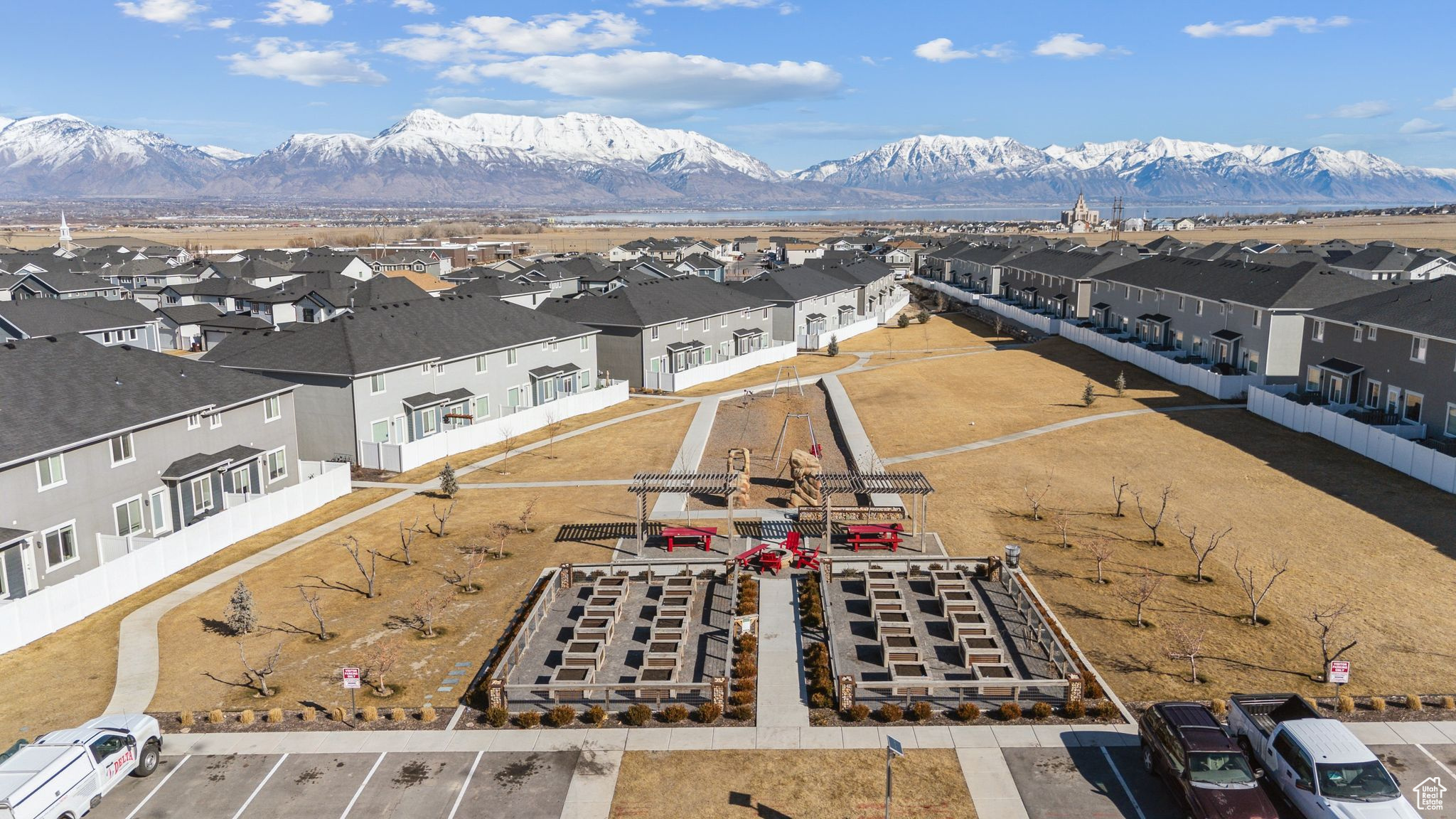 Drone / aerial view with a residential view and a mountain view