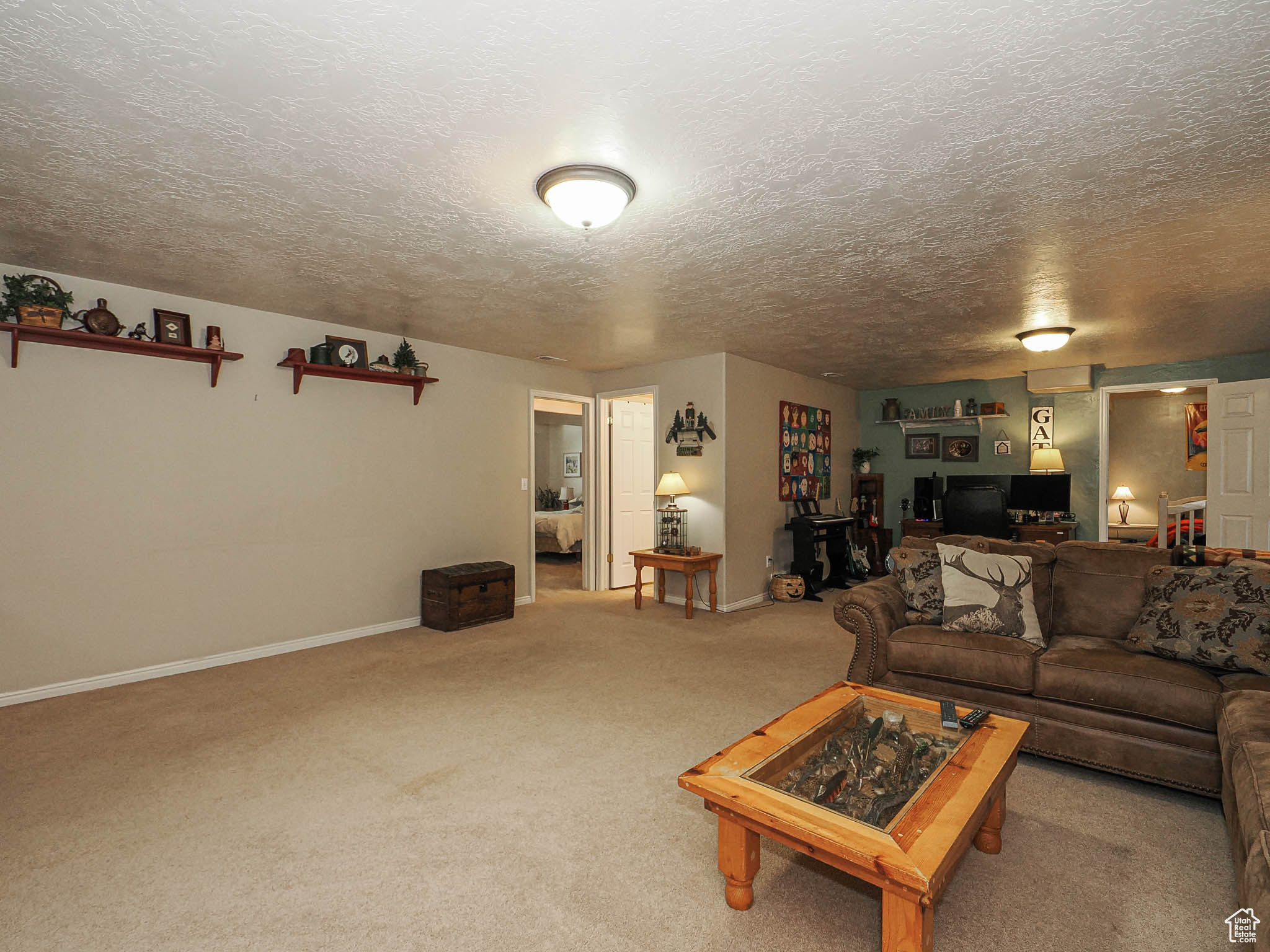 Carpeted living area featuring baseboards and a textured ceiling