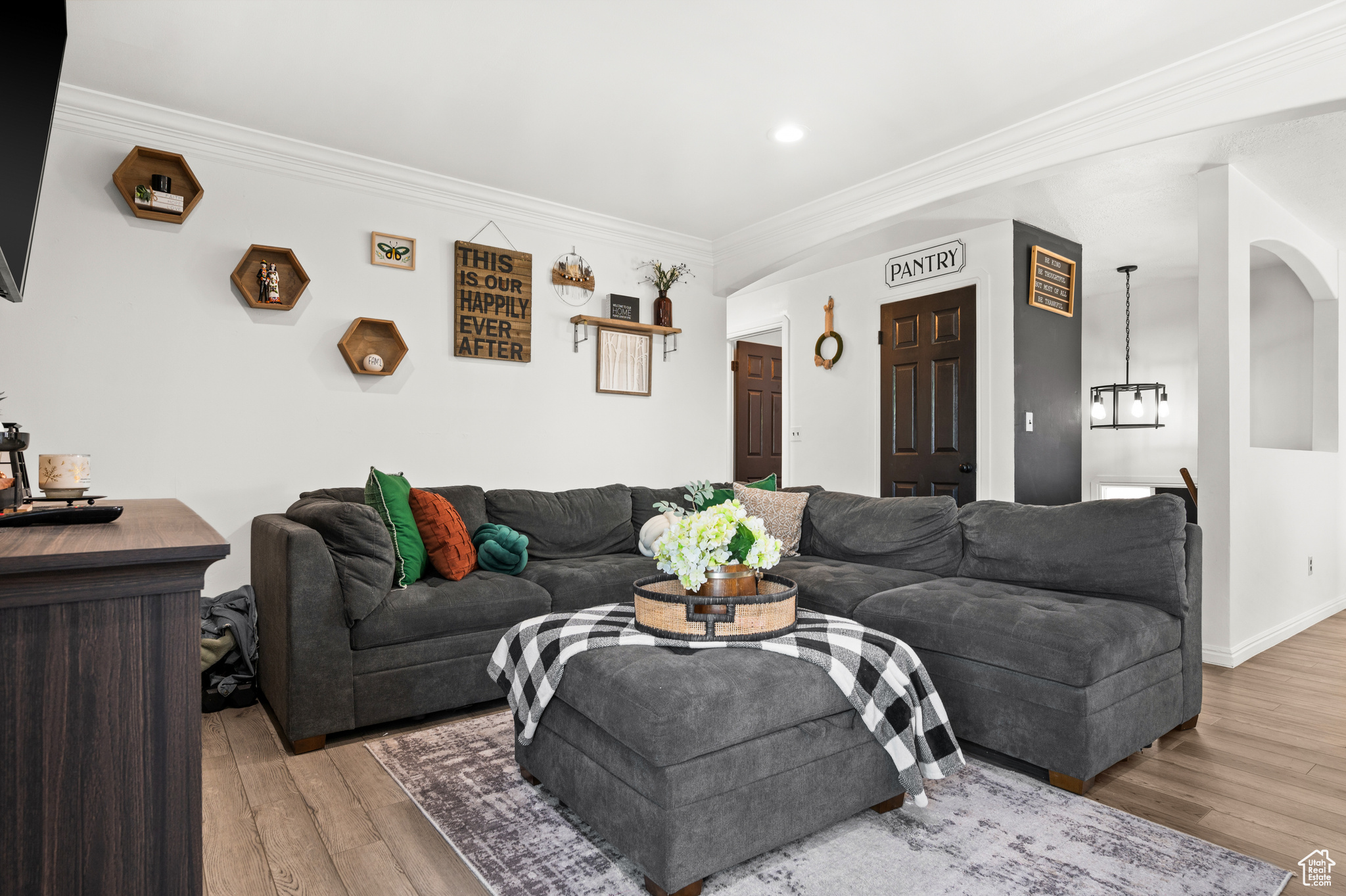 Living room featuring baseboards, wood finished floors, and ornamental molding