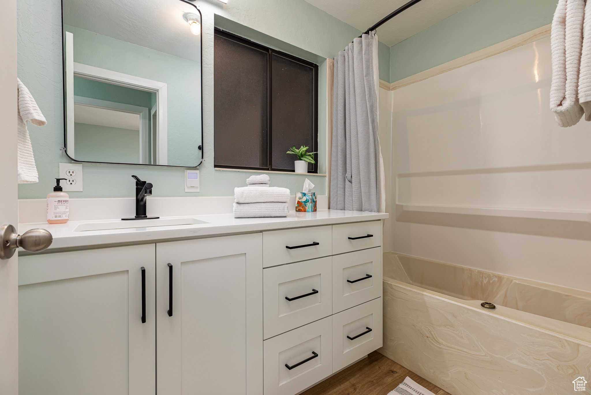 Bathroom featuring curtained shower, wood finished floors, vanity, and a washtub