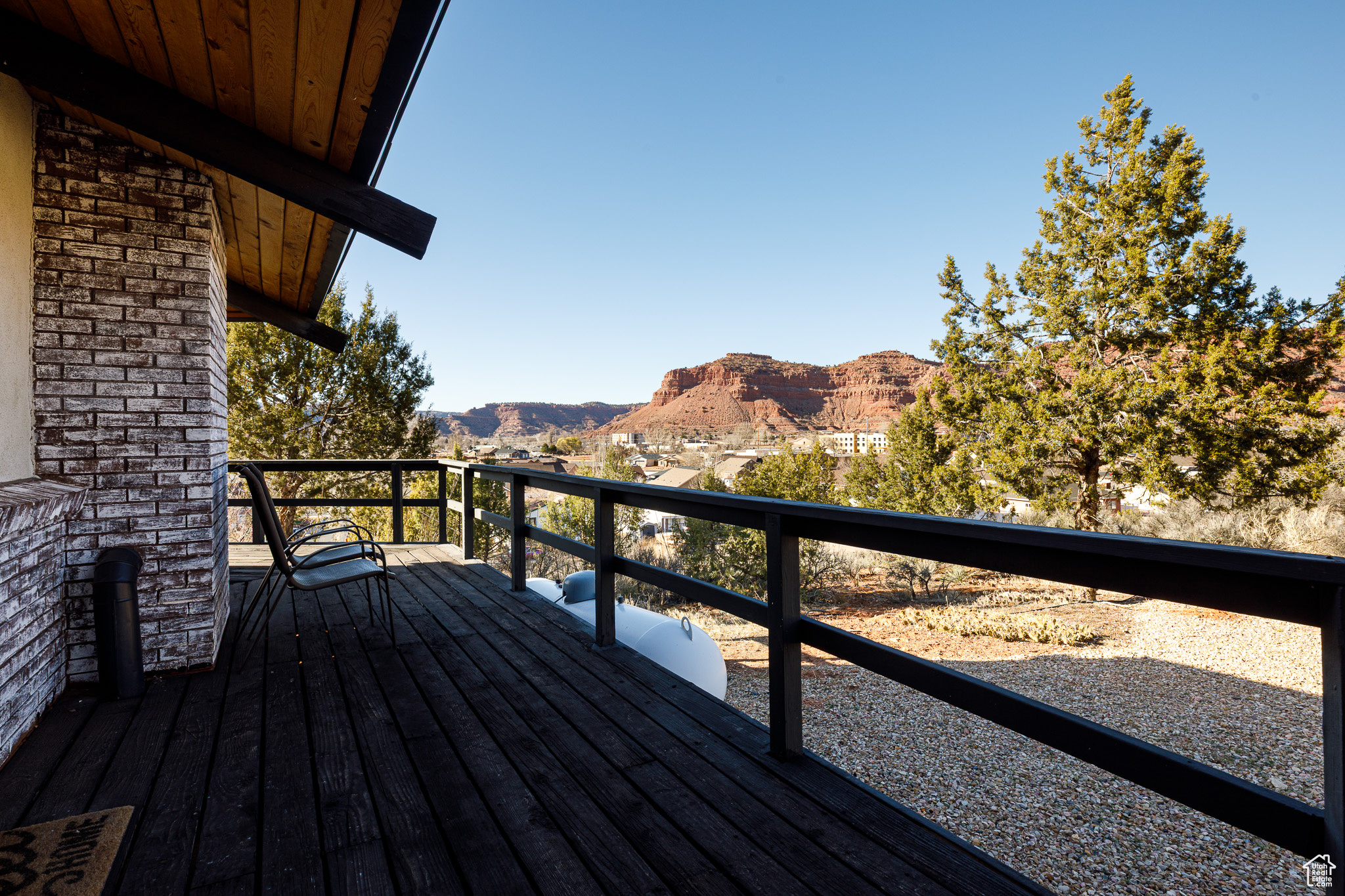 Wooden deck featuring a mountain view