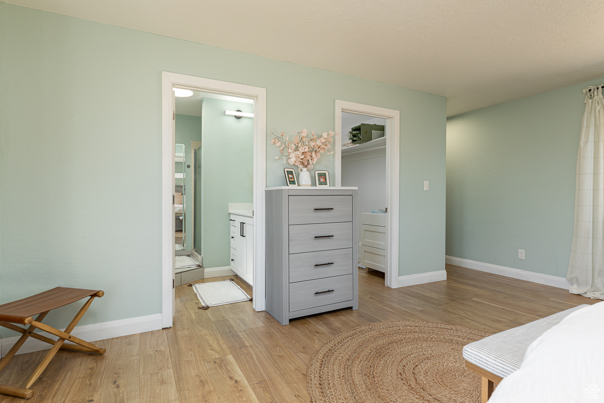 Bedroom with baseboards, a spacious closet, light wood-style floors, a closet, and ensuite bathroom