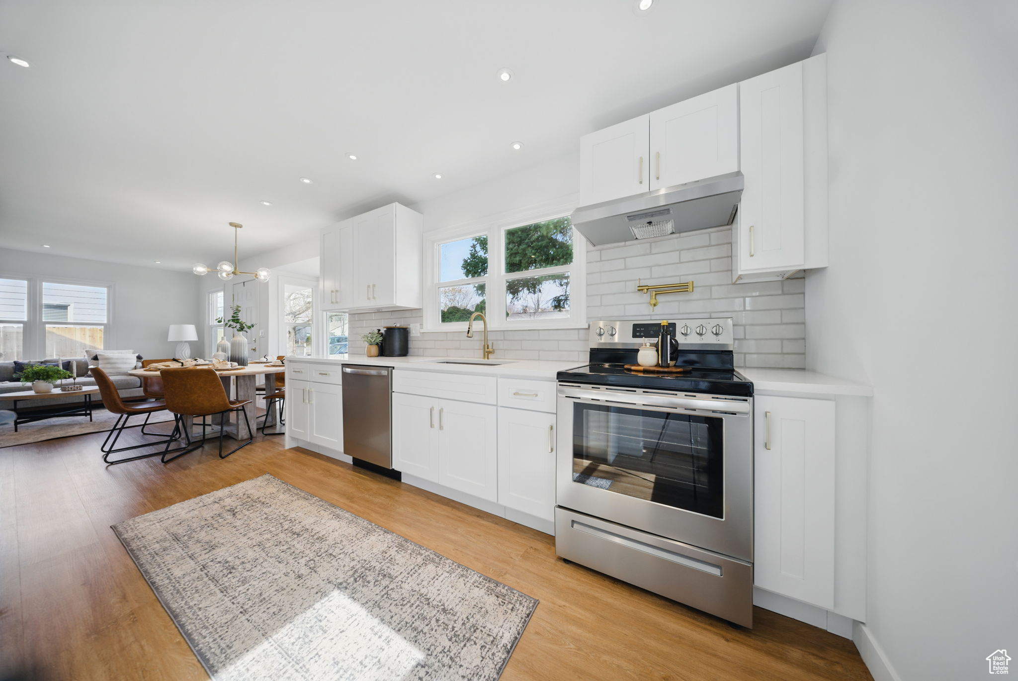 Kitchen with a sink, stainless steel appliances, light countertops, under cabinet range hood, and light wood-type flooring