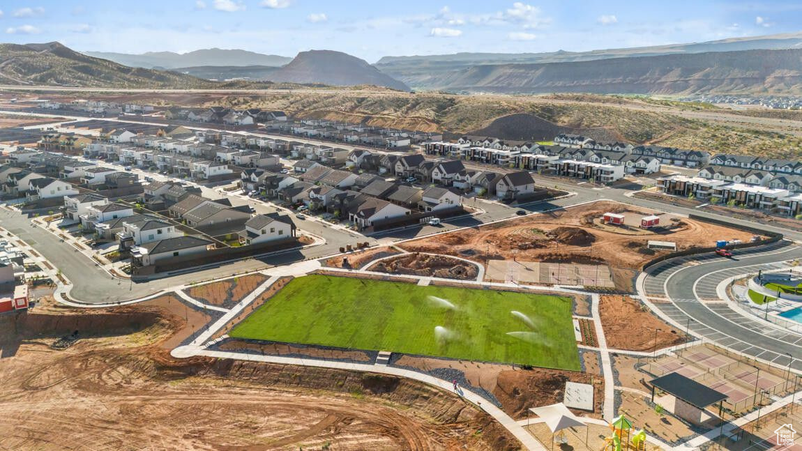 Aerial view featuring a mountain view and a residential view