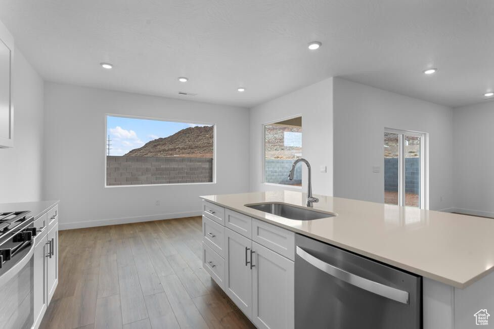 Kitchen featuring recessed lighting, light wood-style flooring, appliances with stainless steel finishes, white cabinetry, and a sink