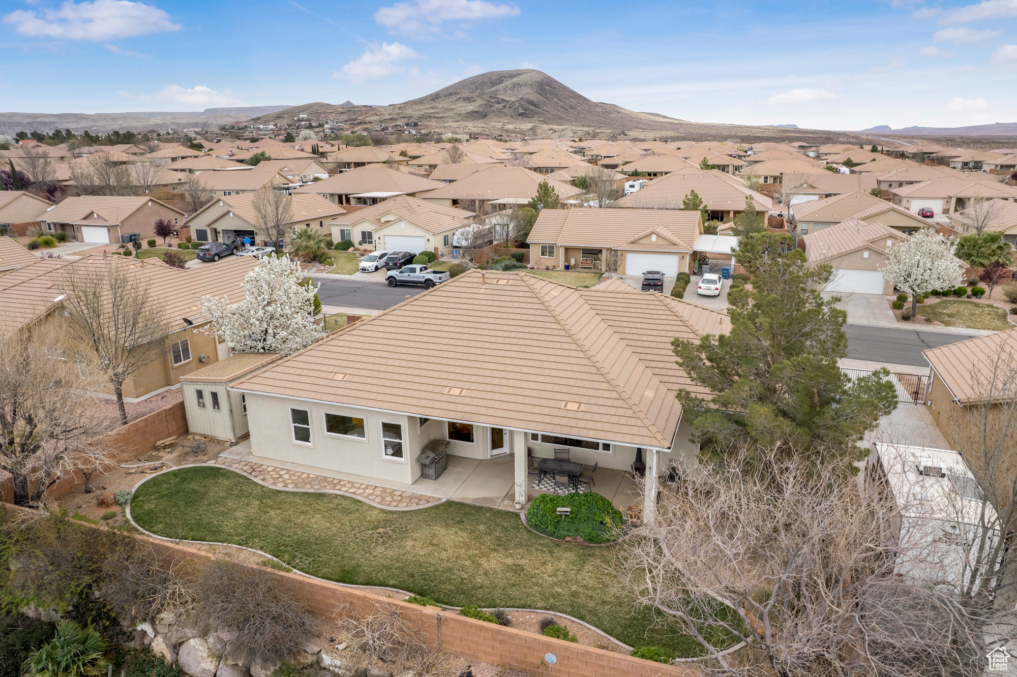 Drone / aerial view with a residential view and a mountain view