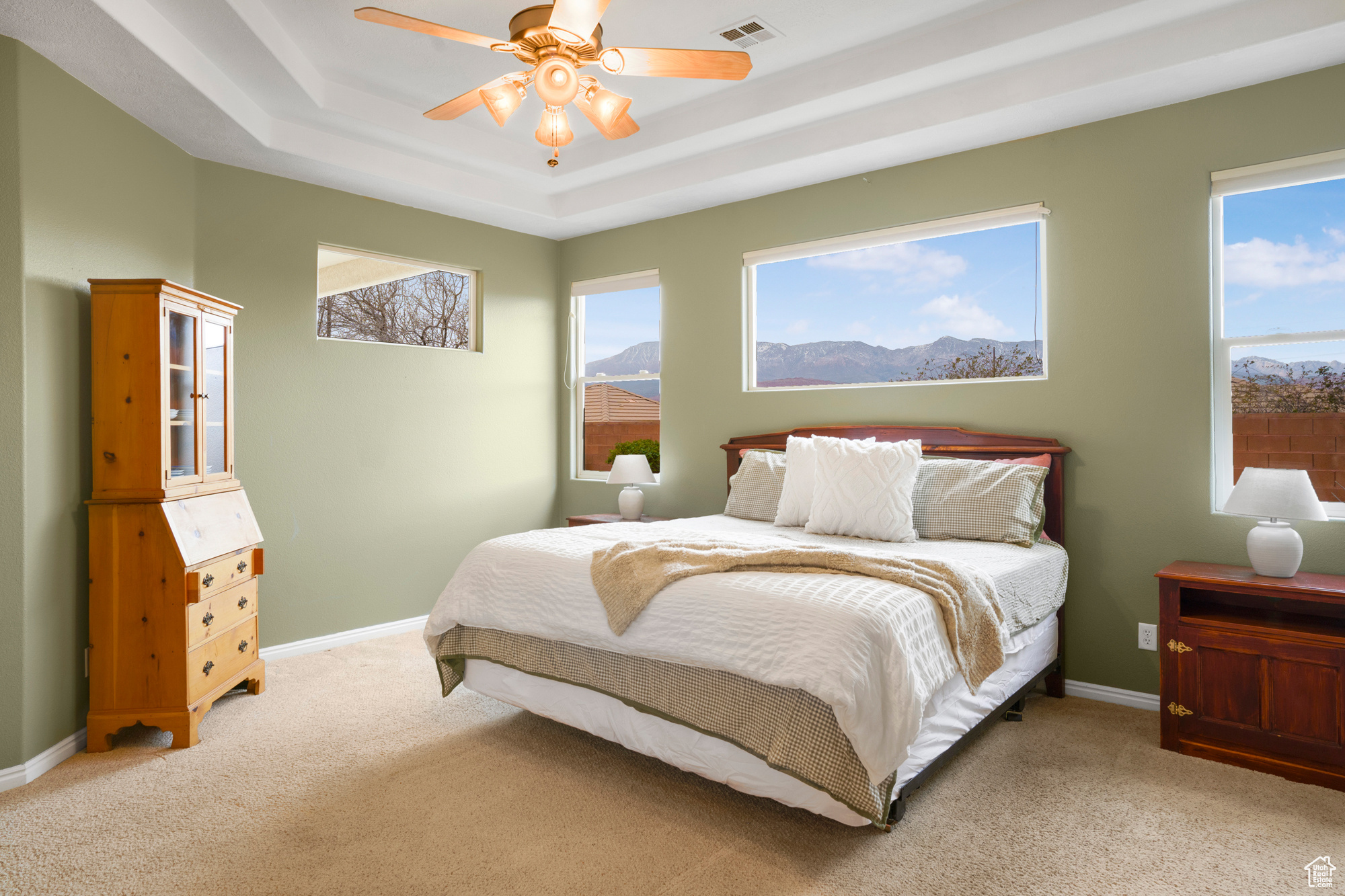 Bedroom featuring a raised ceiling, baseboards, visible vents, and light carpet