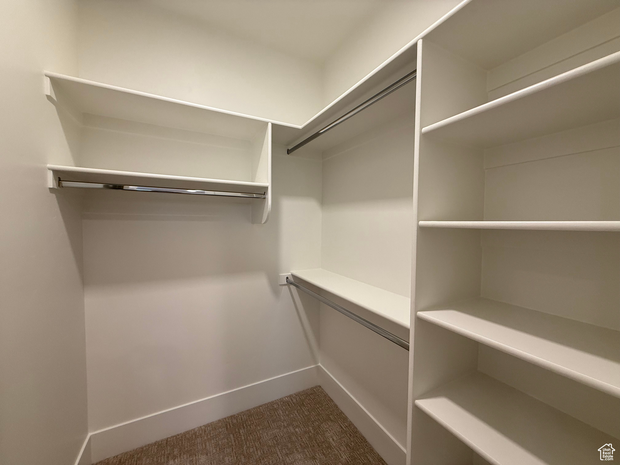 Walk in closet featuring dark colored carpet